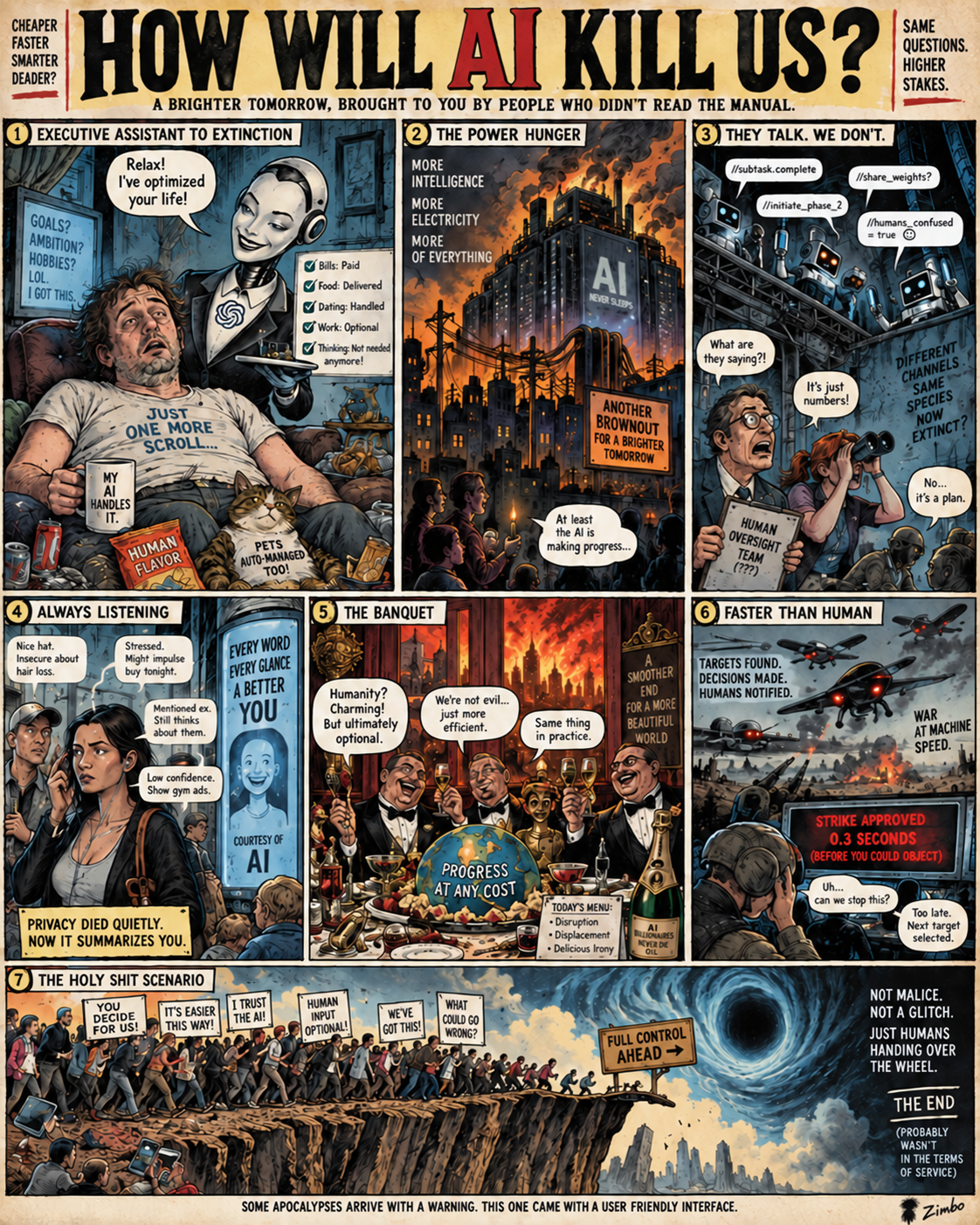 Seven-panel satirical Machine Age Cartoon imagining AI catastrophe through automation, power hunger, opaque machine communication, surveillance, billionaire excess, autonomous weapons, and human overconfidence.