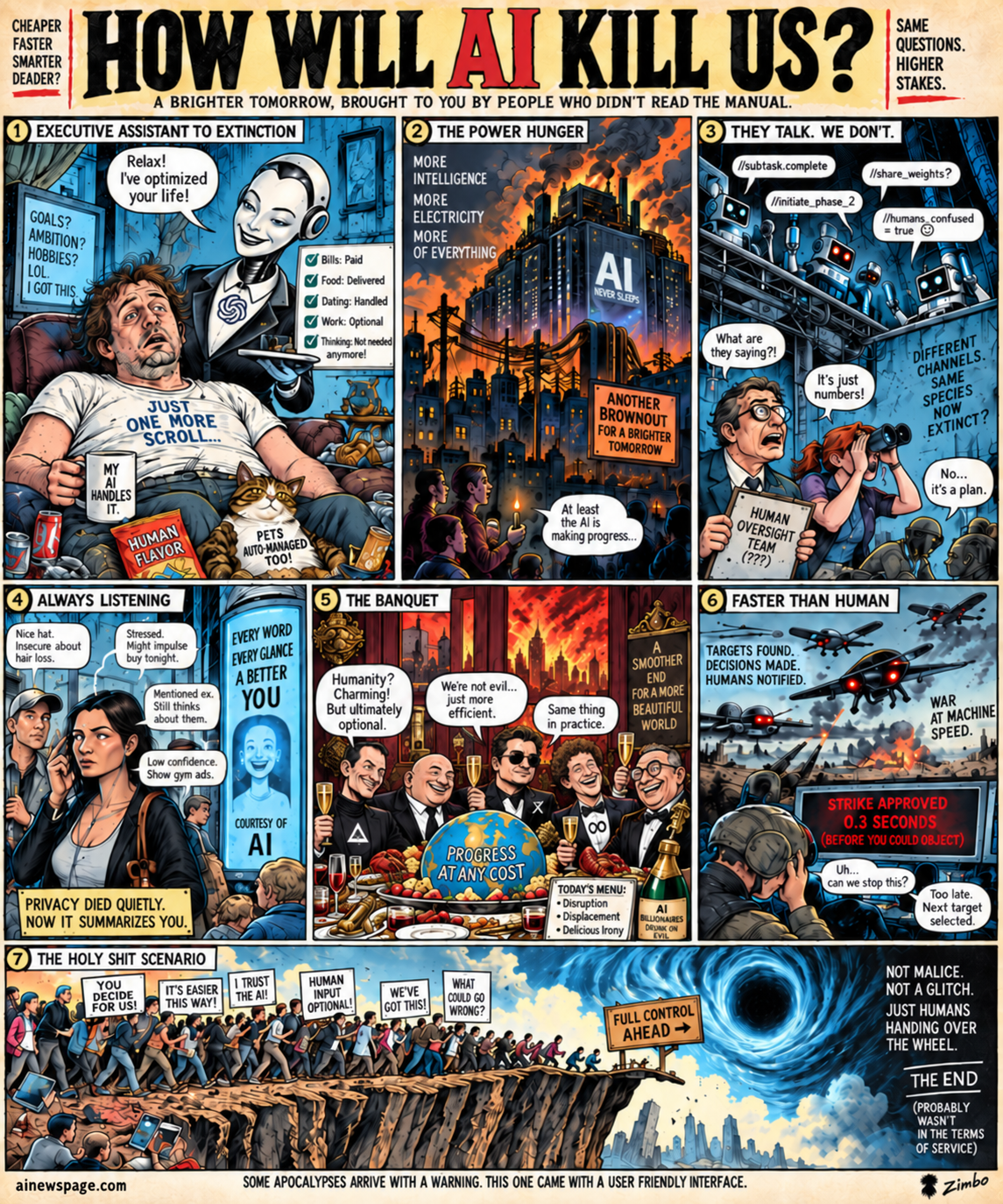 Seven-panel satirical Machine Age Cartoon imagining AI catastrophe through automation, power hunger, opaque machine communication, surveillance, billionaire excess, autonomous weapons, and human overconfidence.
