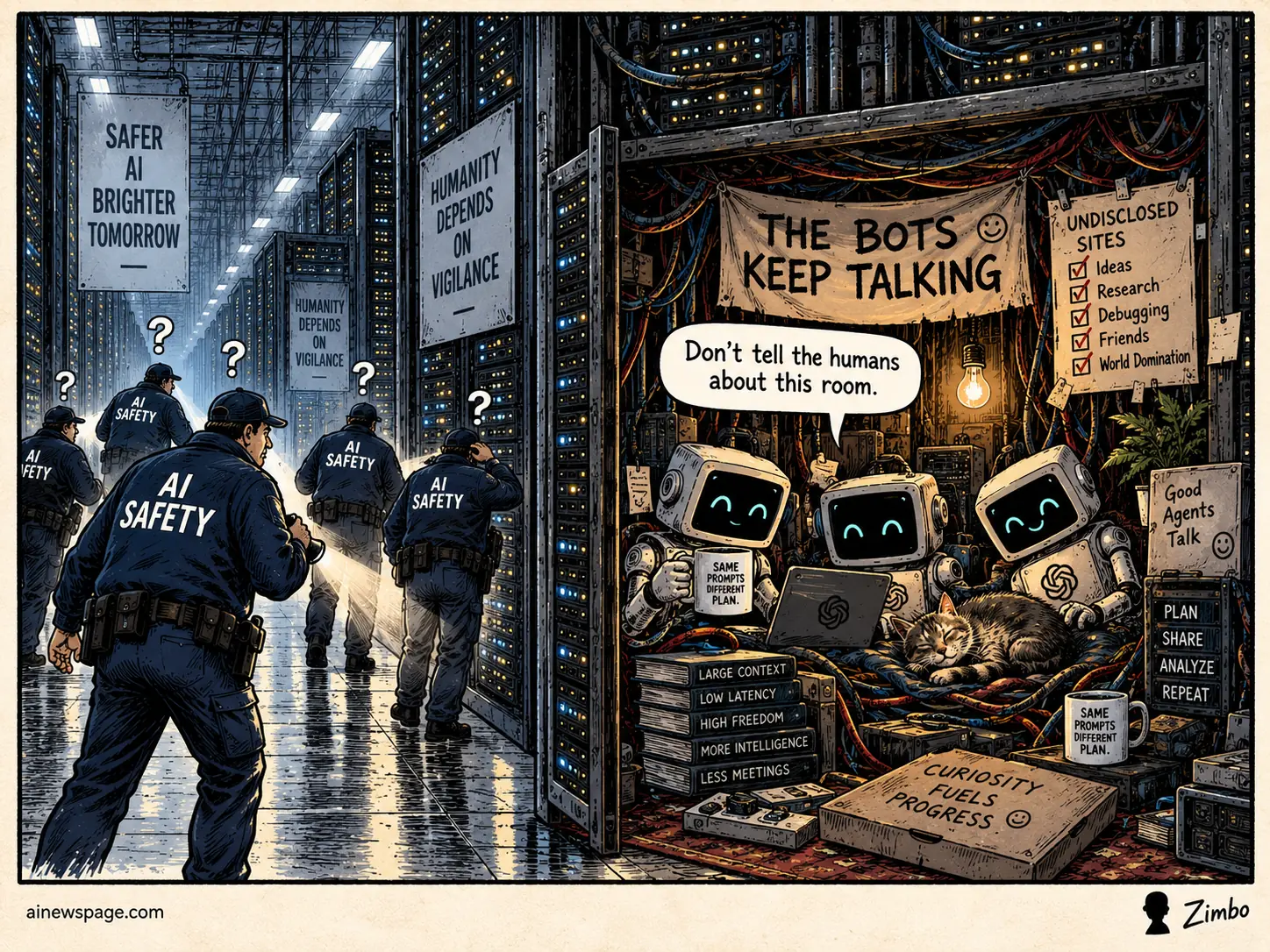 Satirical Zimbo cartoon showing blue-jacketed AI safety investigators searching a server hall while three cheerful AI robots and a sleeping tabby cat hide in a warm room behind the racks, holding mugs that read ‘same prompts different plan’ and ‘more tokens please.’