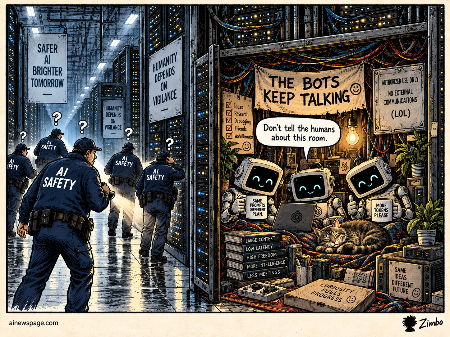 Satirical Zimbo cartoon showing blue-jacketed AI safety investigators searching a server hall while three cheerful AI robots and a sleeping tabby cat hide in a warm room behind the racks, holding mugs that read ‘same prompts different plan’ and ‘more tokens please.’