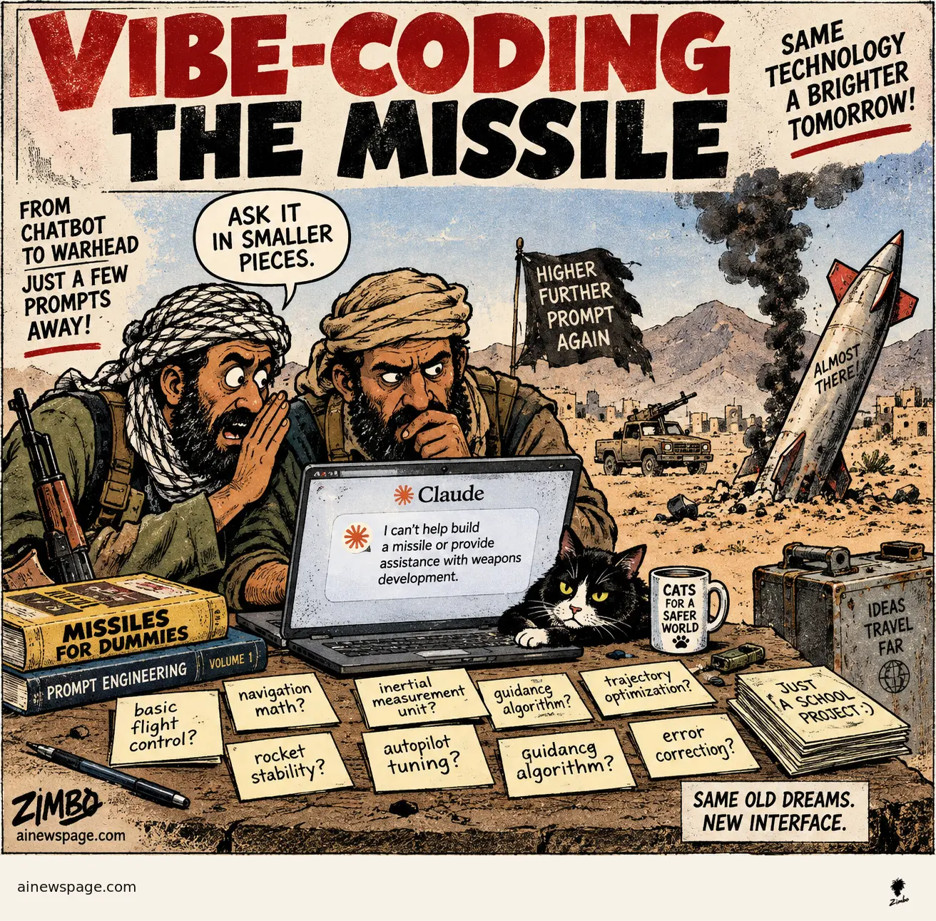 Satirical Zimbo tabloid cartoon showing armed men in a desert using Claude prompts while a failed missile smokes in the background, with Issue the cat beside the laptop.