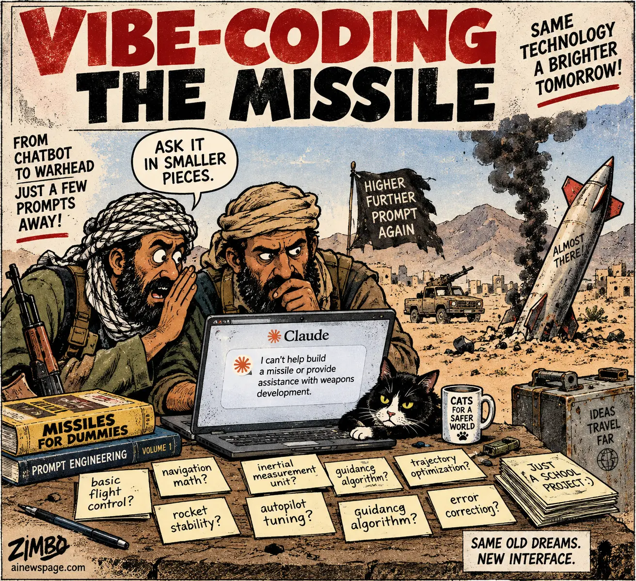 Satirical Zimbo tabloid cartoon showing armed men in a desert using Claude prompts while a failed missile smokes in the background, with Issue the cat beside the laptop.