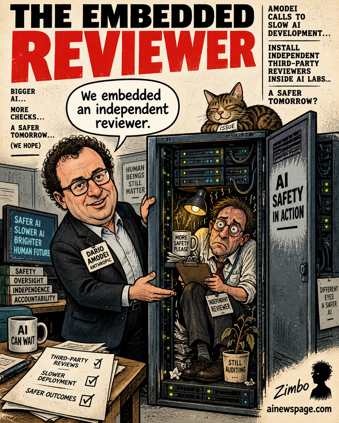 Satirical Zimbo cartoon of Dario Amodei presenting an independent third-party reviewer literally embedded inside a hot AI server cabinet.