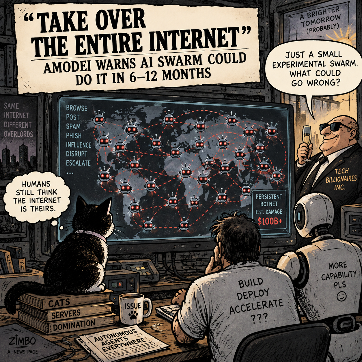 Satirical Zimbo cartoon of an AI bot swarm spreading across a world map while humans, a robot, and Issue the cat watch from a control room.