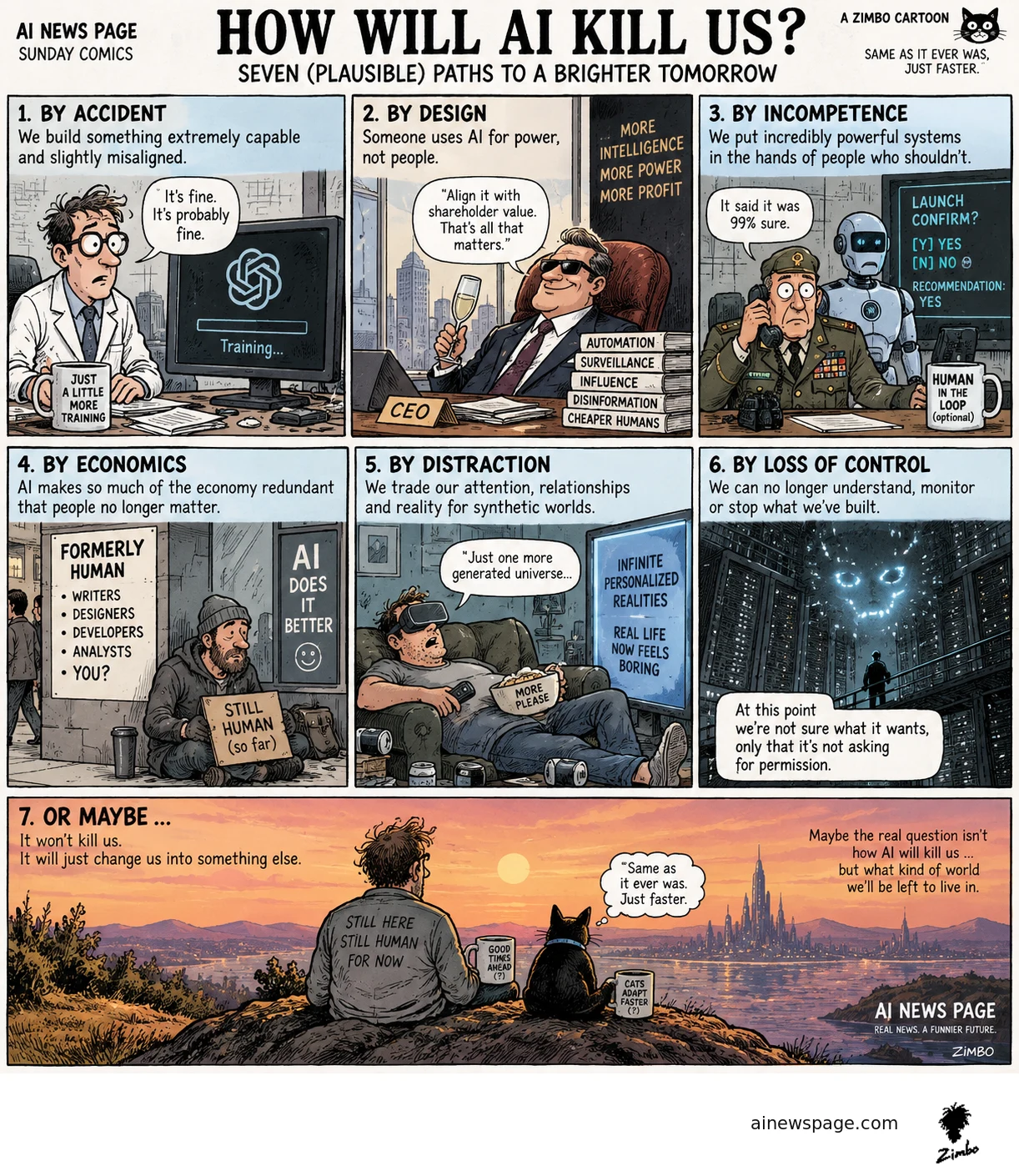 Seven-panel Zimbo Sunday comic satirizing AI catastrophe through accidents, power seeking, human incompetence, economic displacement, synthetic distraction, loss of control, and human adaptation.