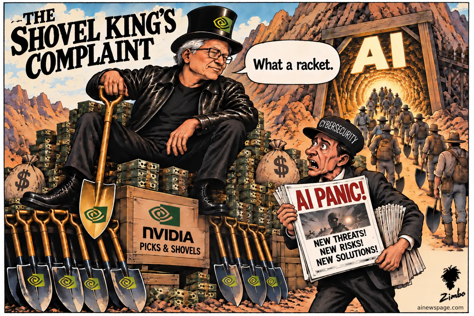 Satirical Zimbo cartoon of Nvidia CEO Jensen Huang as a top-hatted robber baron lounging atop crates of cash and gold Nvidia-branded shovels, sneering "What a racket" at a cybersecurity huckster hawking "AI PANIC!" newspapers while prospectors march into an AI mine.