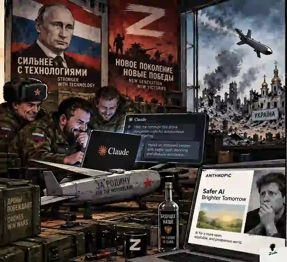 Satirical Zimbo cartoon of a fictionalized Russian wartime workshop where developers use Claude beside a kamikaze drone, with propaganda posters and a ruined Ukrainian city outside.
