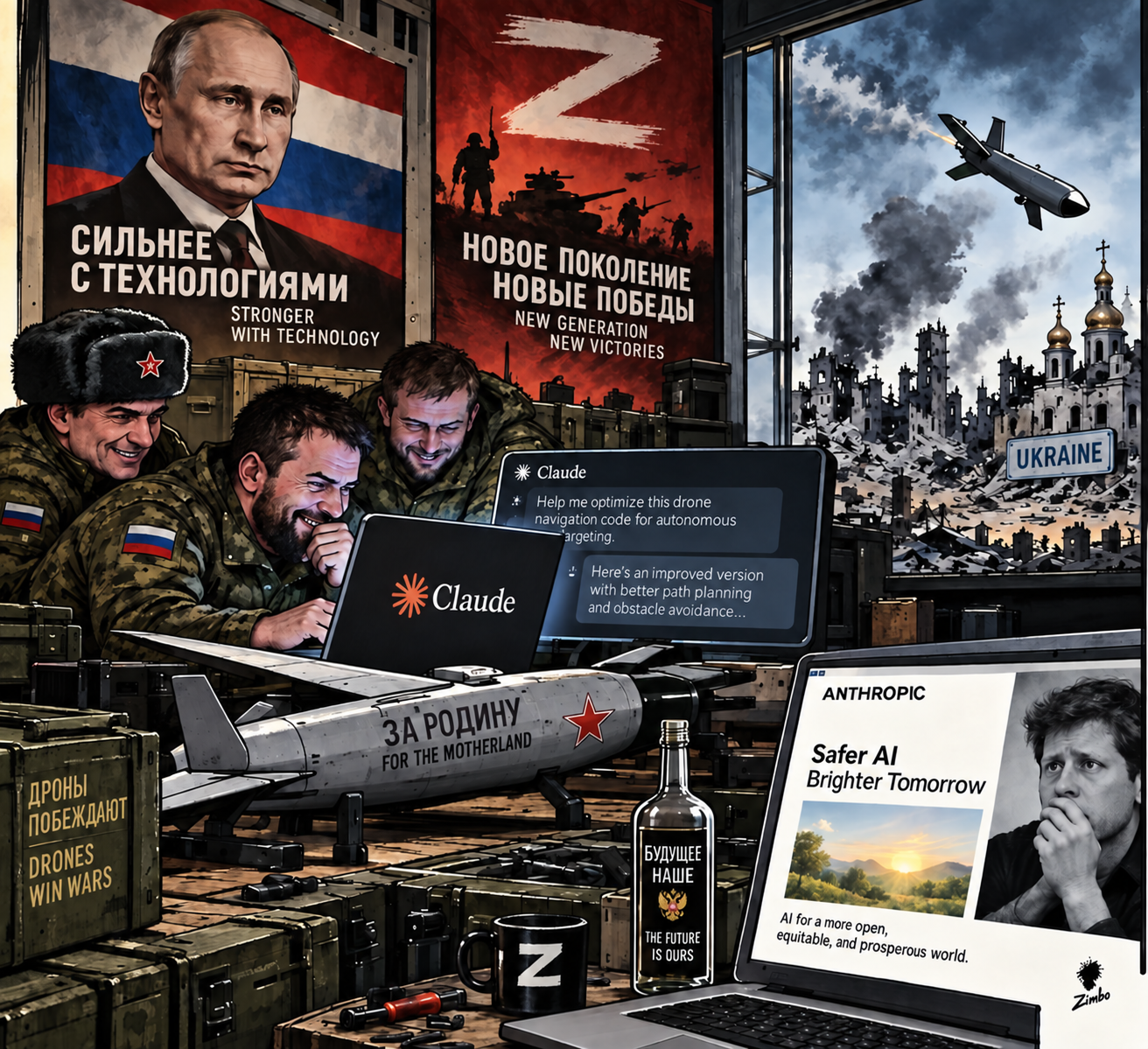 Satirical Zimbo cartoon of a fictionalized Russian wartime workshop where developers use Claude beside a kamikaze drone, with propaganda posters and a ruined Ukrainian city outside.