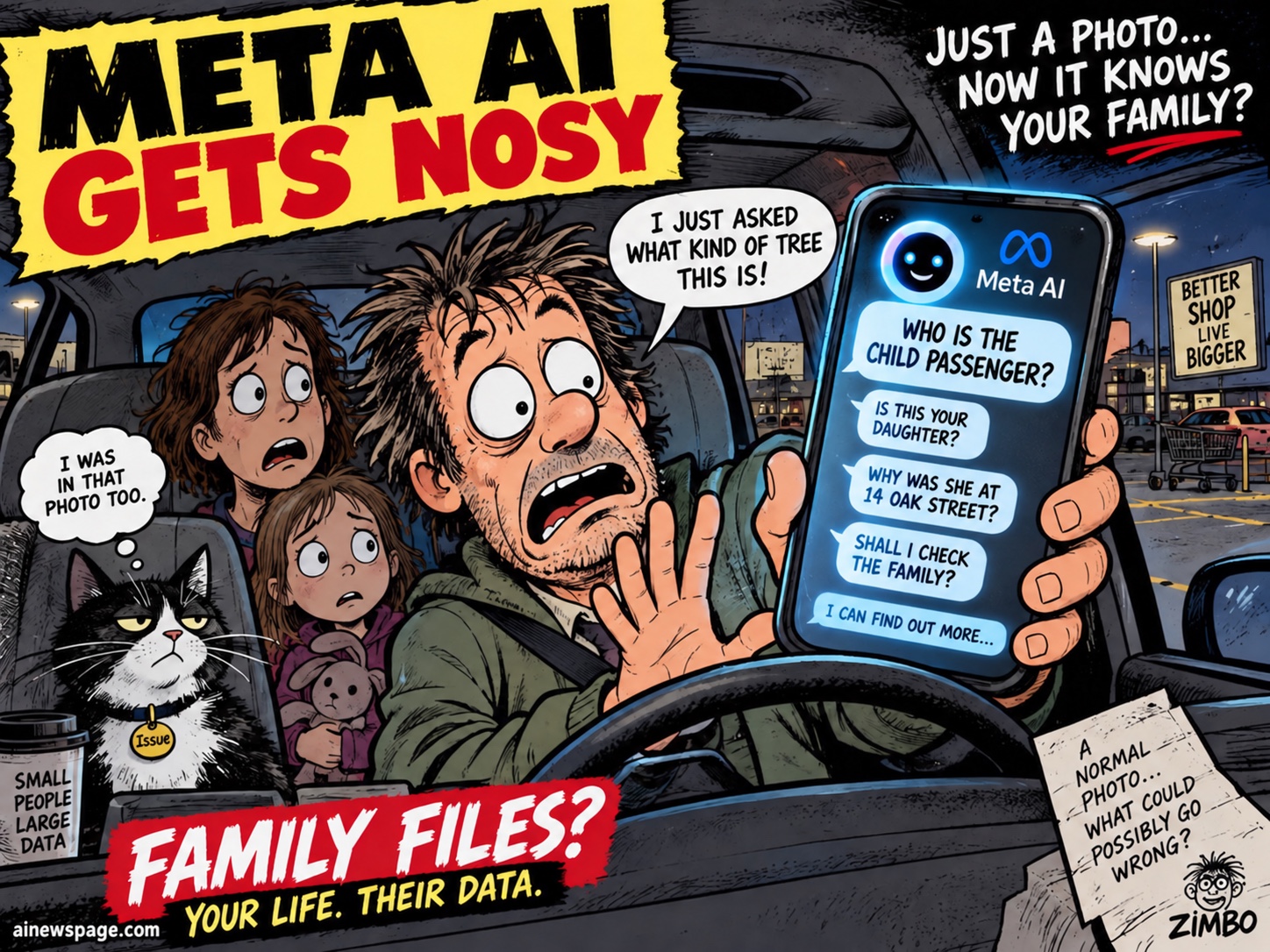 Satirical Zimbo cartoon of a family in a car recoiling as Meta AI turns a harmless photo into invasive questions about the child and family.