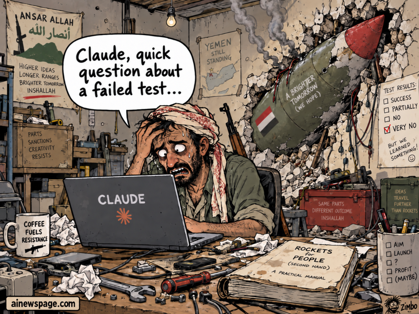 Satirical Zimbo cartoon of a frazzled operator asking Claude about a failed rocket test while the rocket remains embedded in the workshop wall.