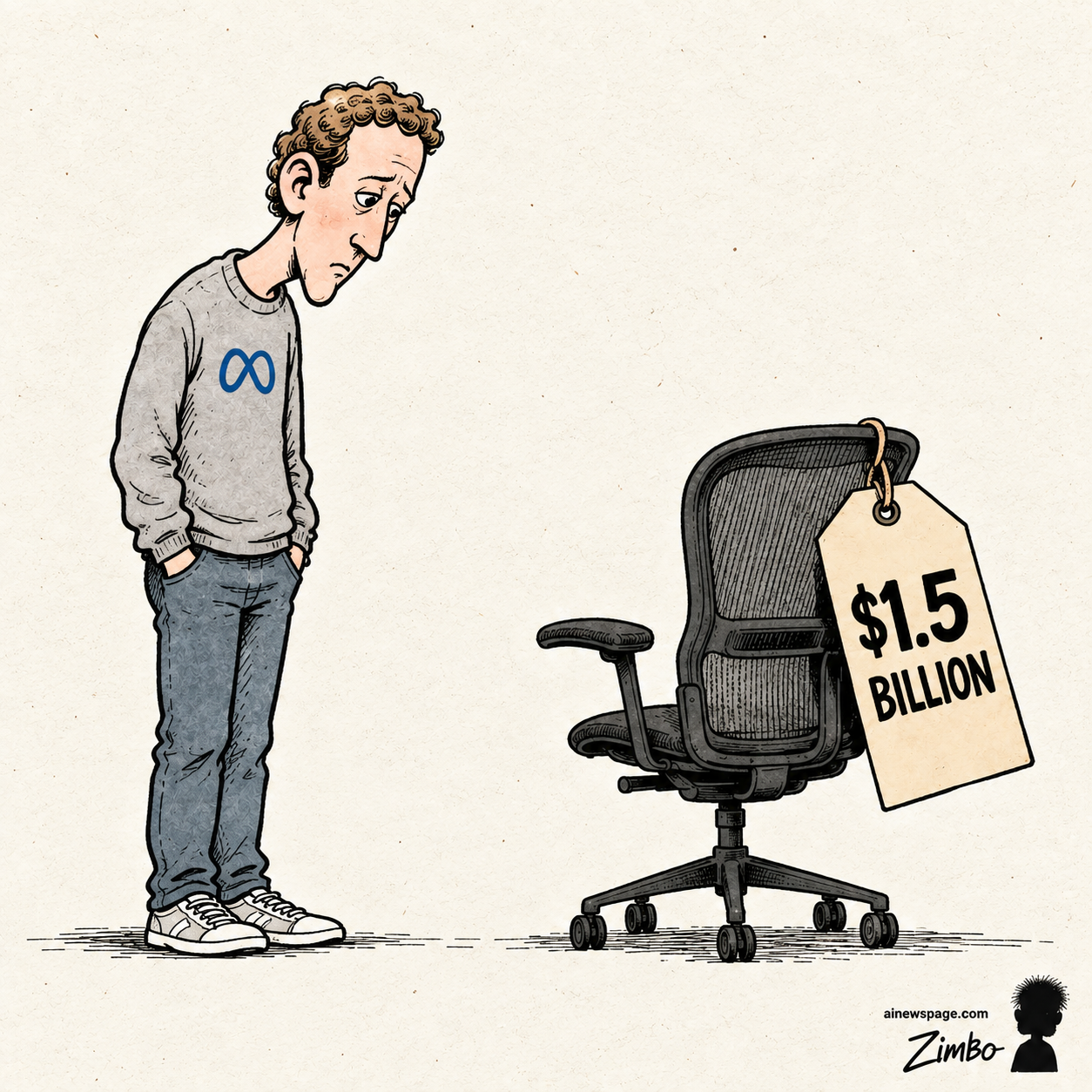 Satirical Zimbo cartoon of Mark Zuckerberg staring at an empty office chair tagged “$1.5 BILLION,” referencing Meta's reported compensation offer to Andrew Tulloch and his departure.