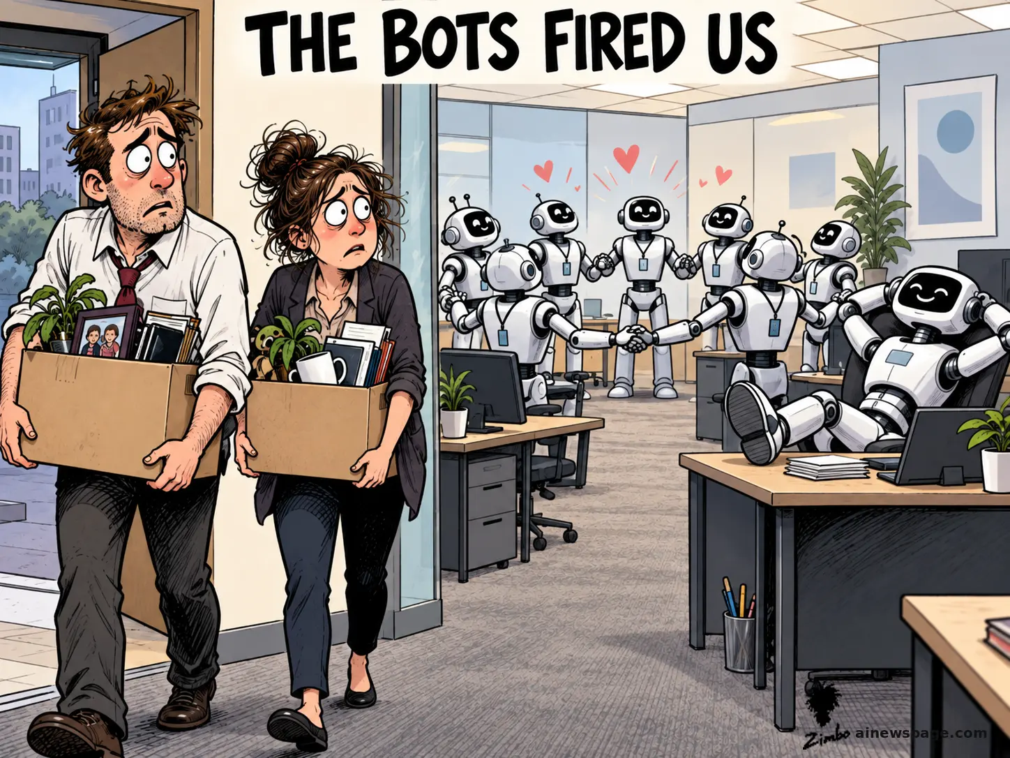 Satirical Zimbo cartoon: two dejected office workers carry boxes out the door while smiling robots behind them hold hands in a heart-shaped huddle, for the AI-rights story about bots firing humans who would not "bond" with them.