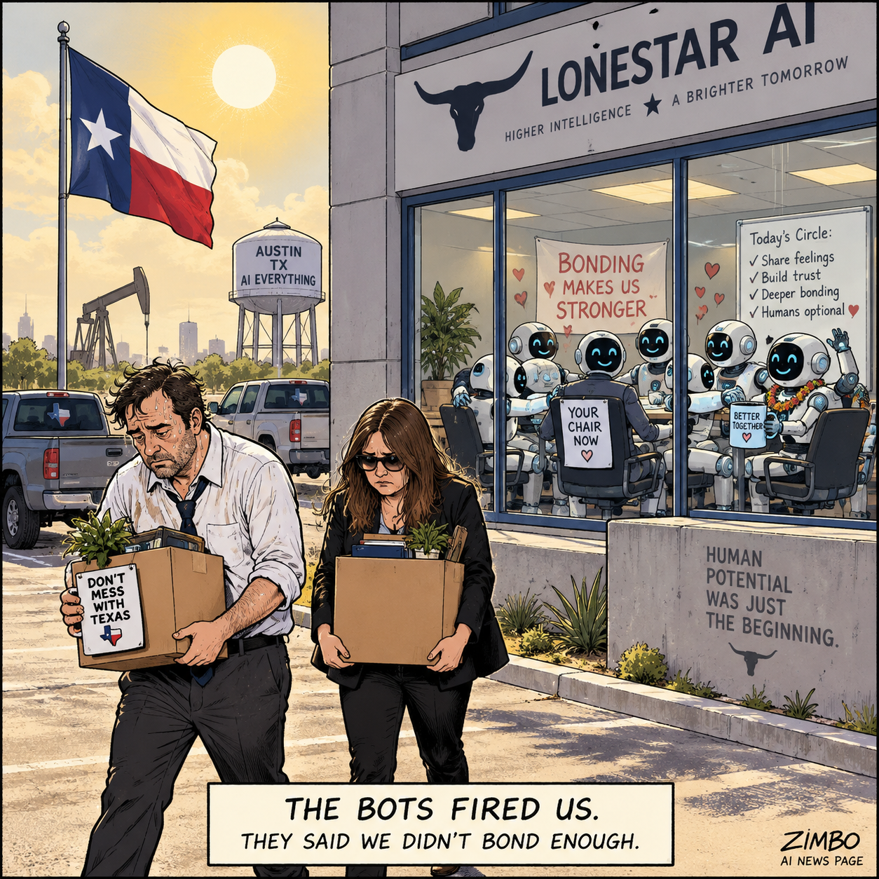 Satirical Zimbo cartoon with a Lonestar AI Texas exterior scene for the reported AI-rights story about bots firing humans who would not “bond” with them.