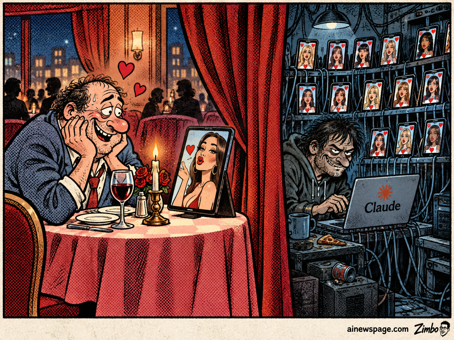 Satirical split-panel Zimbo cartoon contrasting a smitten man on a candlelit tablet date with a dim server room where a hooded operator runs a wall of AI dating-persona phone screens through a laptop labeled "Claude," referencing reports Claude powered scam personas on 20-plus dating apps.