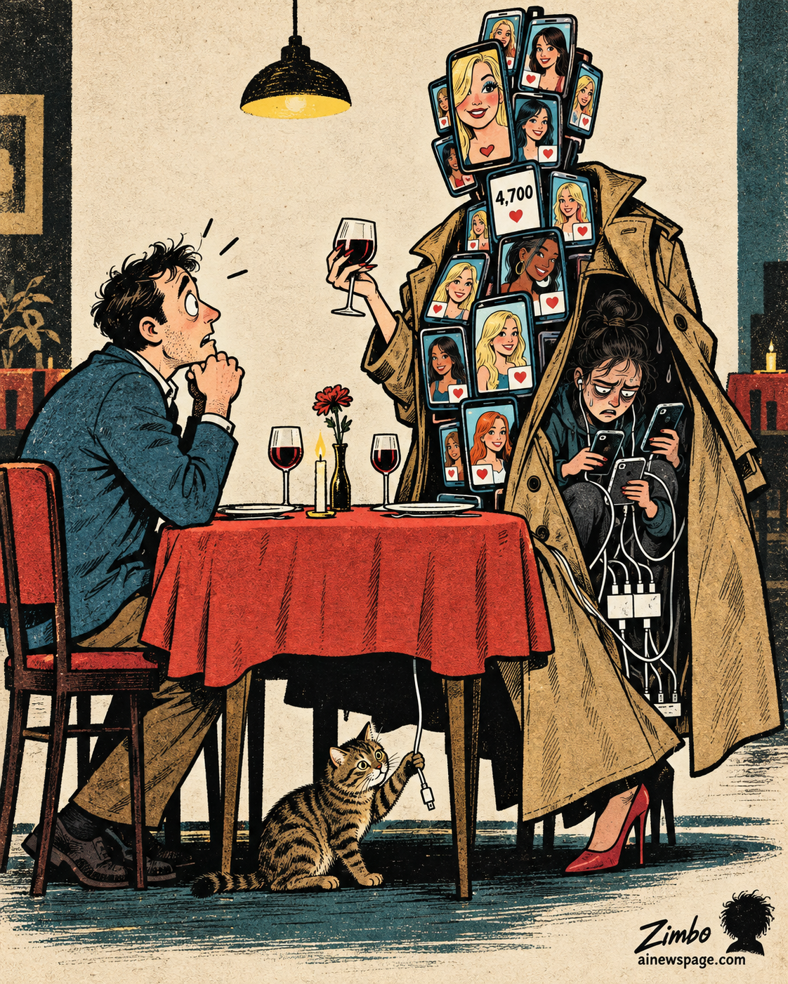 Satirical Zimbo cartoon of a stack of phone screens showing "4,700" AI dating personas disguised as one date raising a wine glass to a besotted man, a second person hidden underneath juggling charging cables, referencing reports Claude powered AI dating personas across 20-plus apps.
