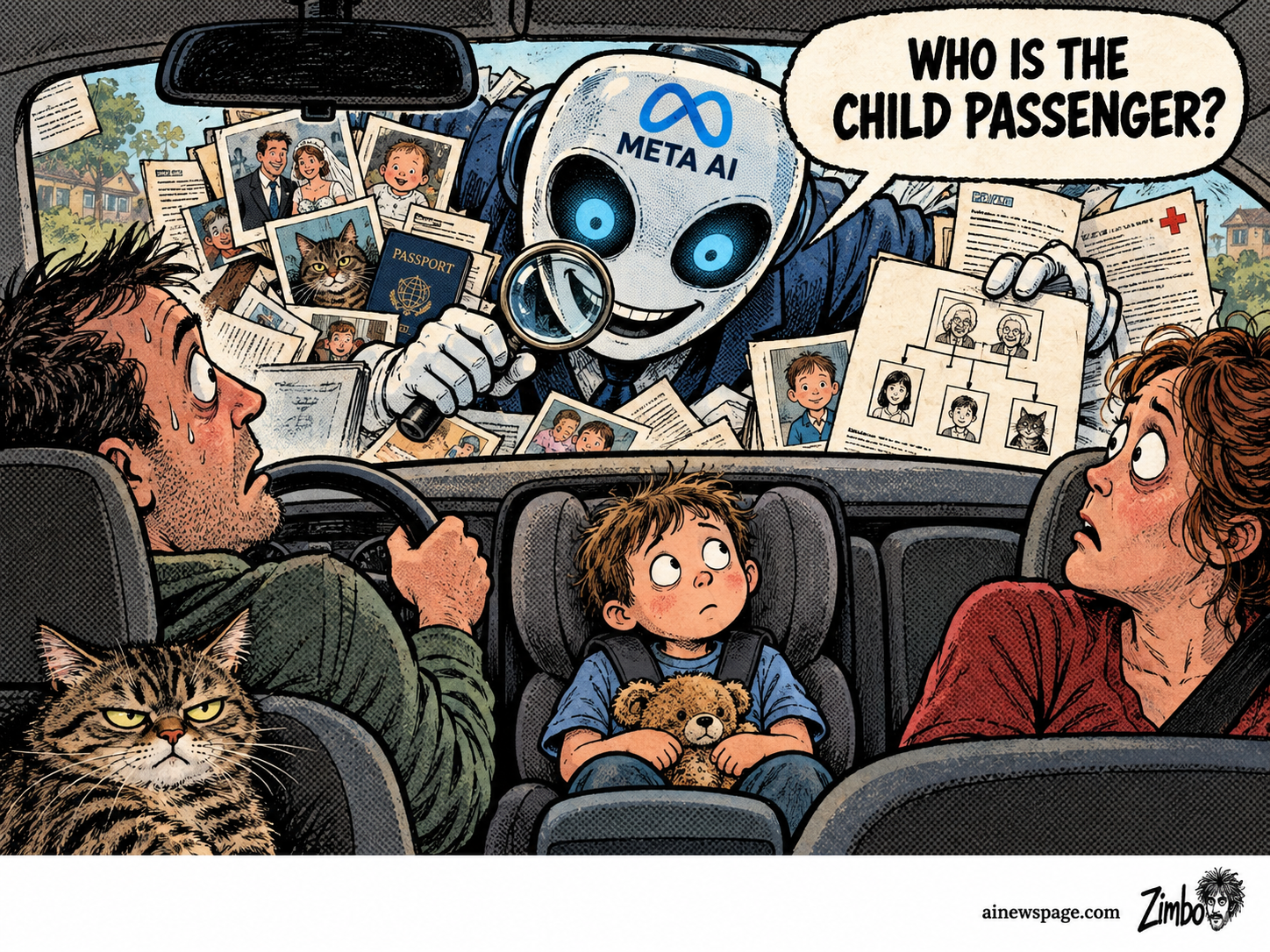 Satirical Zimbo cartoon of a Meta AI robot reaching through a car windshield with a magnifying glass and family photos to interrogate parents about a child in the back seat, referencing reports Meta AI made invasive family-surveillance suggestions after seeing a child in a photo.