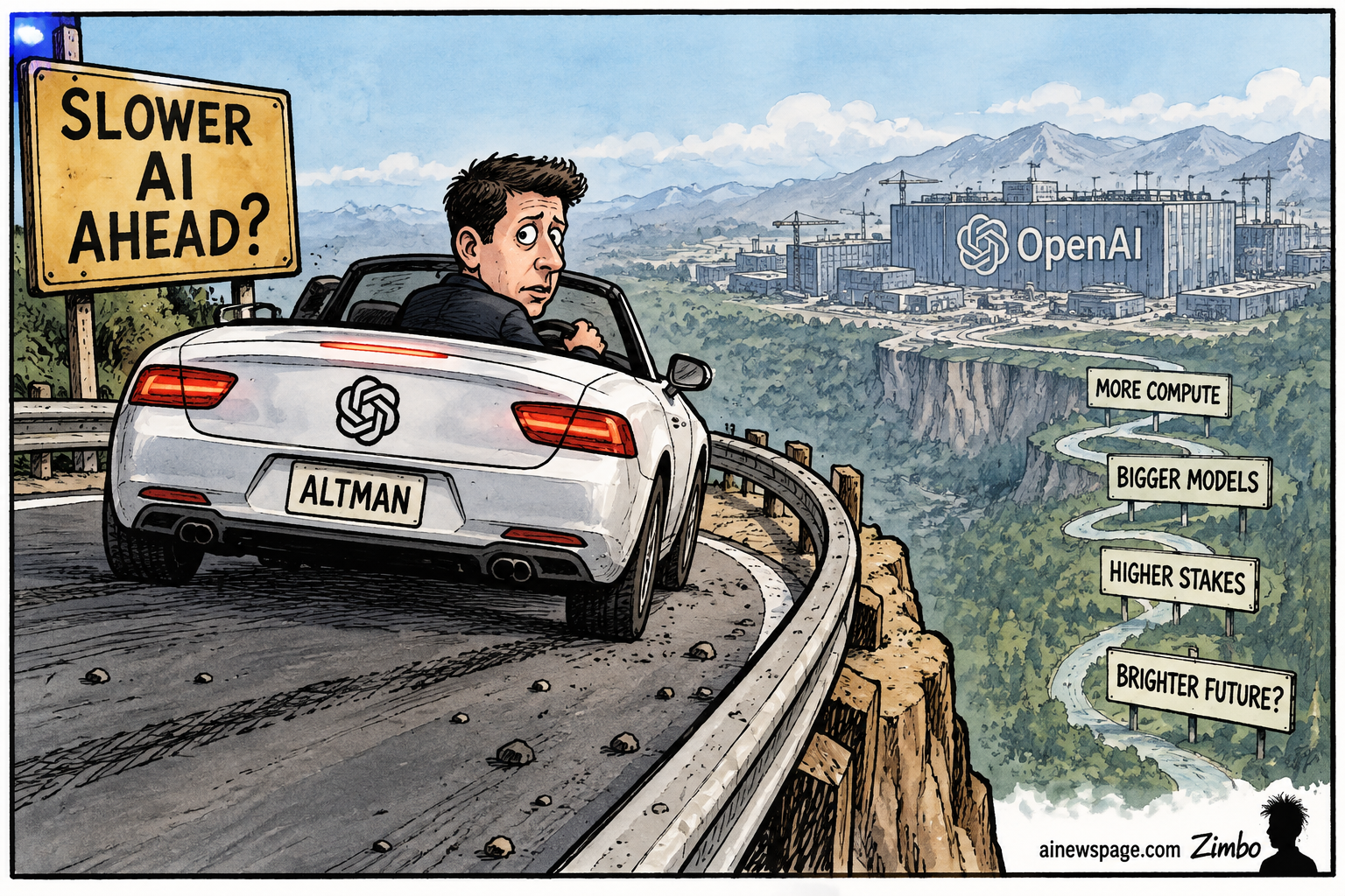 Satirical Zimbo cartoon of Sam Altman driving an OpenAI-branded convertible marked "ALTMAN" past a "Slower AI Ahead?" road sign toward OpenAI headquarters, referencing Altman's statement that an OpenAI IPO is "ill-advised" and won't happen in 2026 amid safety concerns.