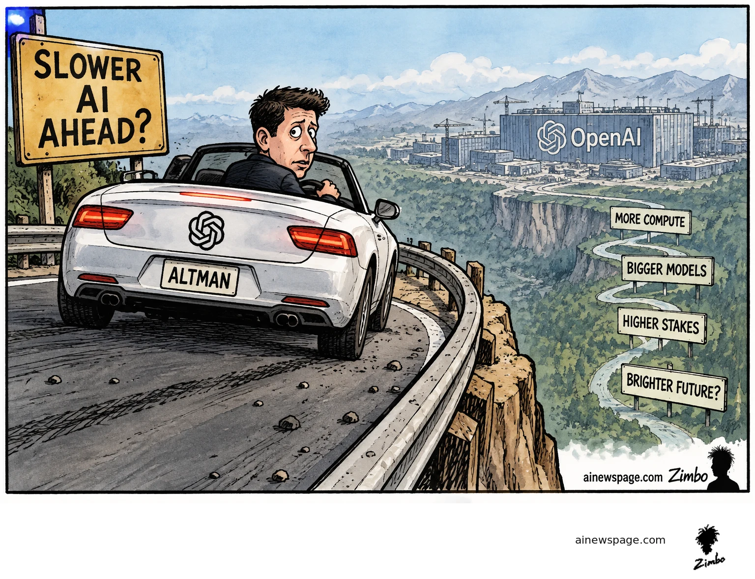 Satirical Zimbo cartoon of Sam Altman driving an OpenAI-branded convertible past a “Slower AI Ahead?” road sign toward OpenAI headquarters, referencing AI industry leaders' calls to slow development as AI-linked stocks sell off.