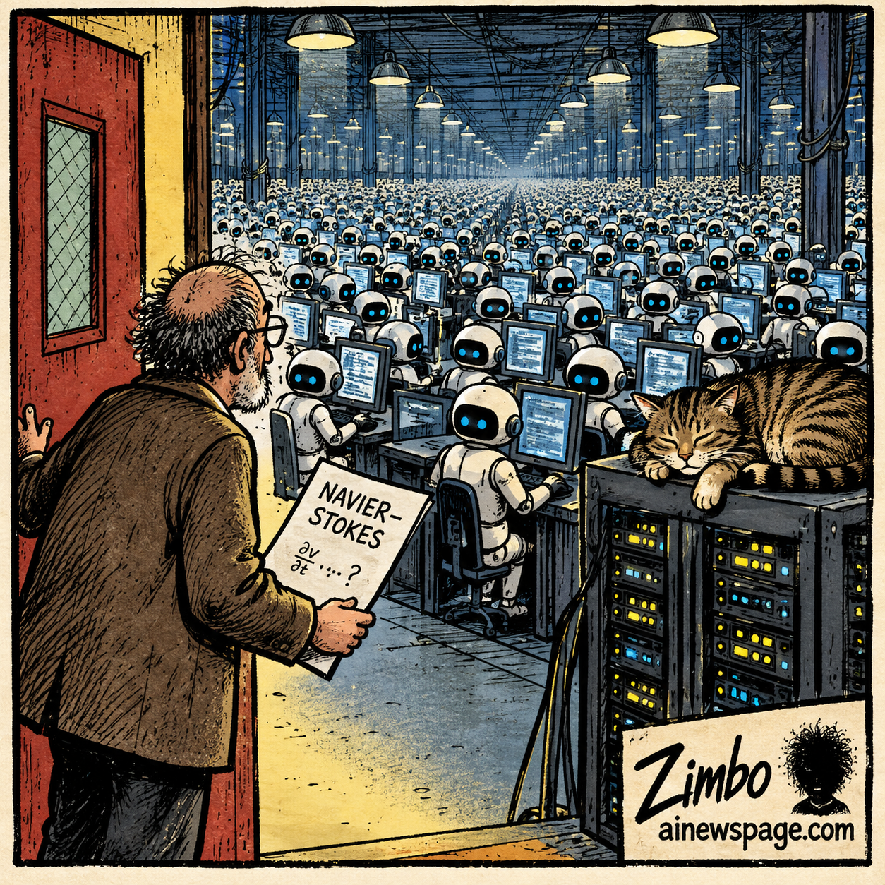 Satirical Zimbo cartoon of a man holding a handwritten Navier-Stokes equation at the door of a factory floor packed with thousands of identical robots at workstations, a cat asleep on a server rack, referencing OpenAI's claim of using 10,000 AI agents over 88 hours on the problem.