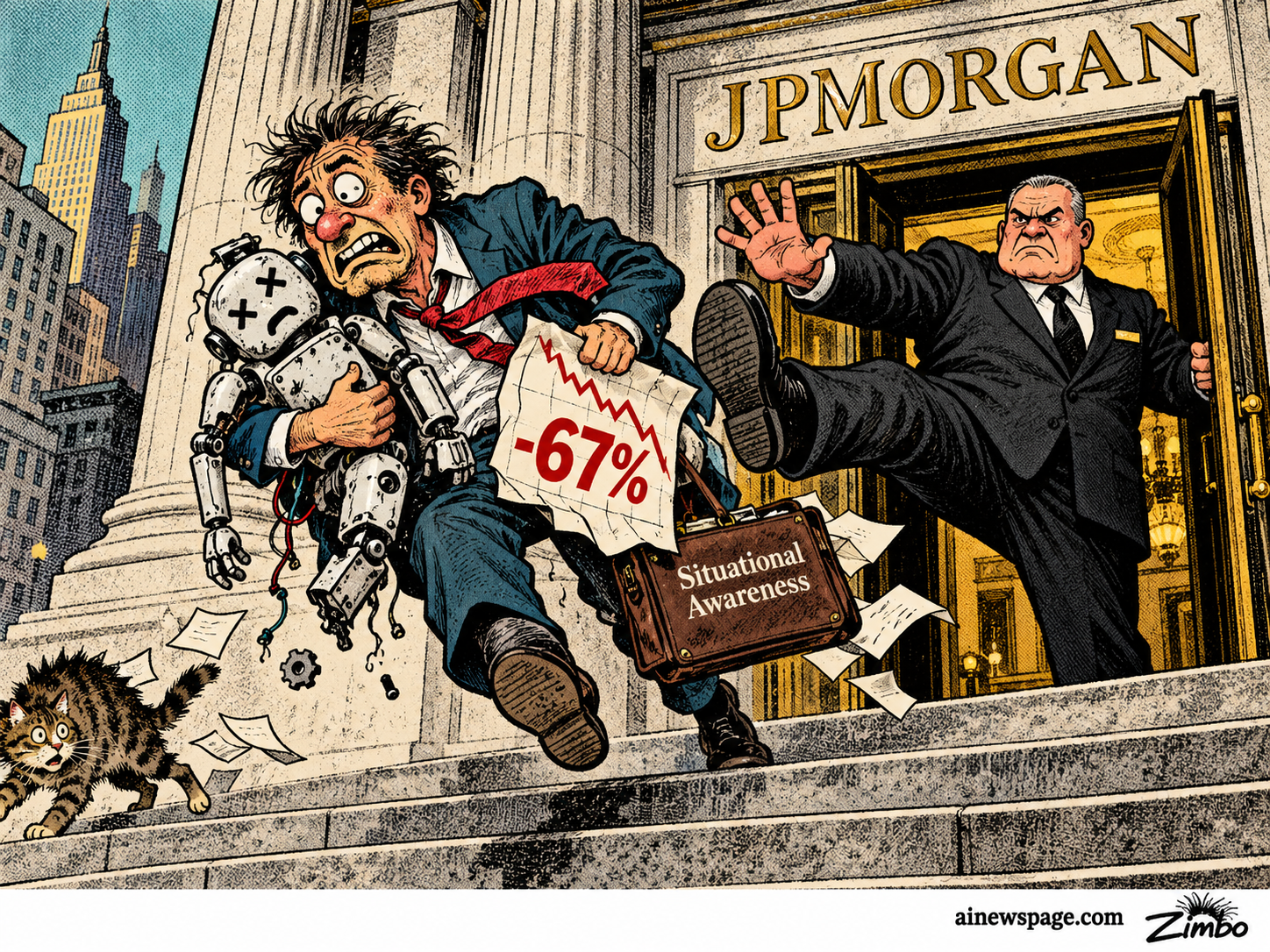 Satirical Zimbo cartoon of a disheveled man clutching a broken robot toy and a briefcase marked "Situational Awareness" beside a "-67%" chart, shoved out of a JPMorgan building by a guard, referencing reports JPMorgan cut off the Situational Awareness fund's lending after AI losses.