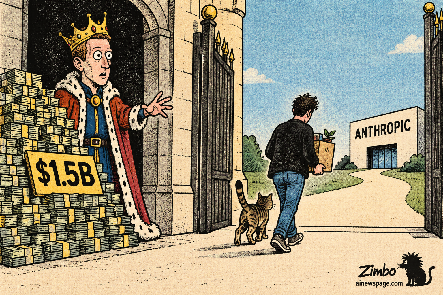 Satirical Zimbo cartoon of a crowned Mark Zuckerberg beside cash stacks tagged "$1.5B," pleading from a castle gate as a departing researcher and his cat walk toward Anthropic's headquarters, referencing reports Andrew Tulloch is leaving Meta after turning down a $1.5 billion pay package.