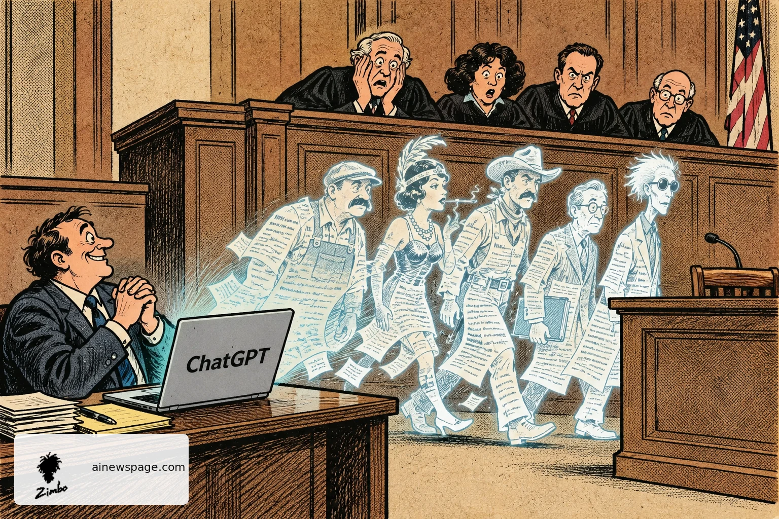Satirical Zimbo courtroom cartoon of a lawyer delightedly presenting ChatGPT-generated phantom witnesses while the court recoils.