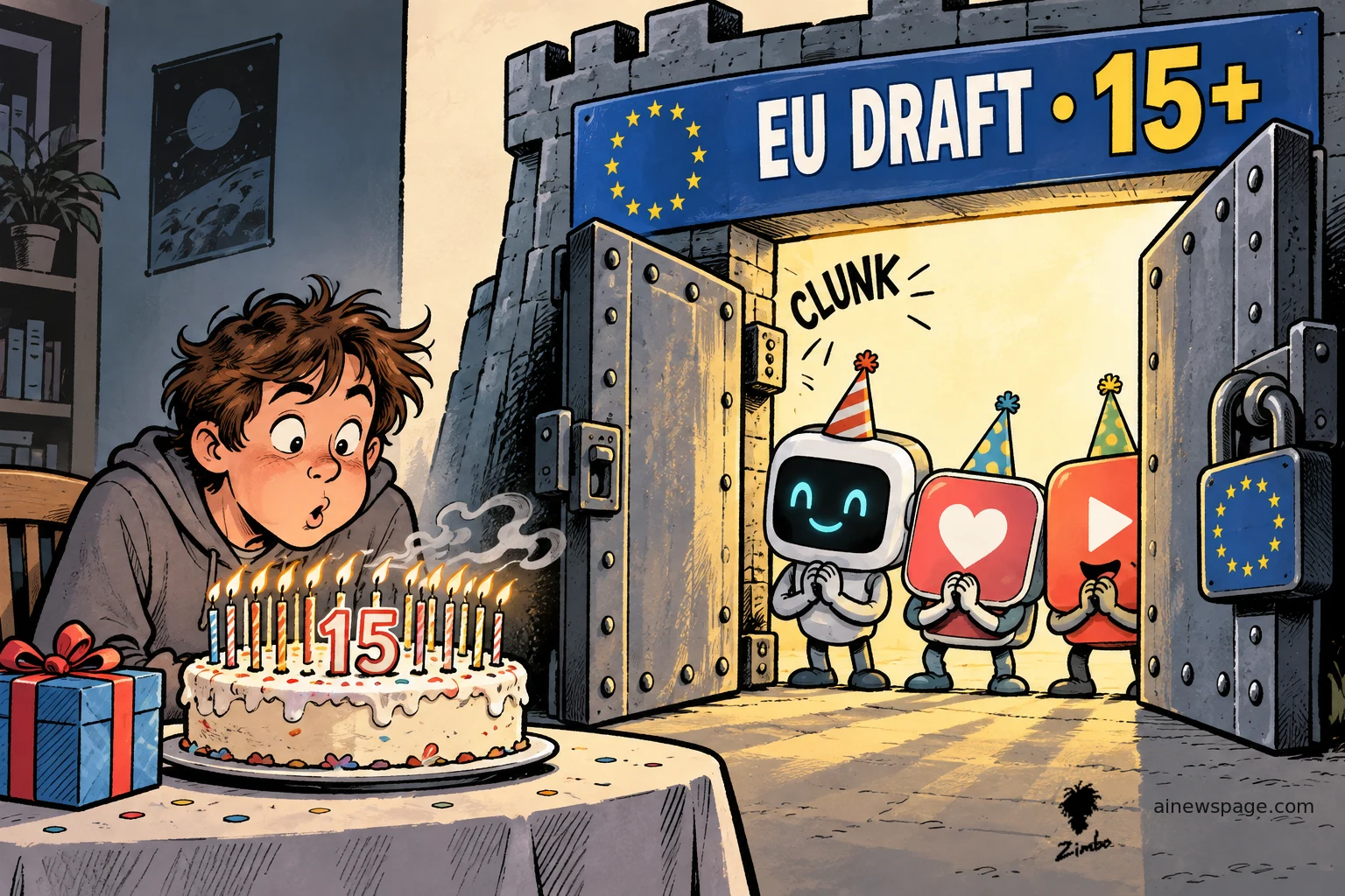 A boy blows out 15 birthday candles as a castle gate stamped 'EU DRAFT · 15+' creaks open, letting a smiling AI chatbot and heart, like, and play-button mascots step through in party hats, illustrating the EU's proposed ban on chatbots and social media for under-15s.