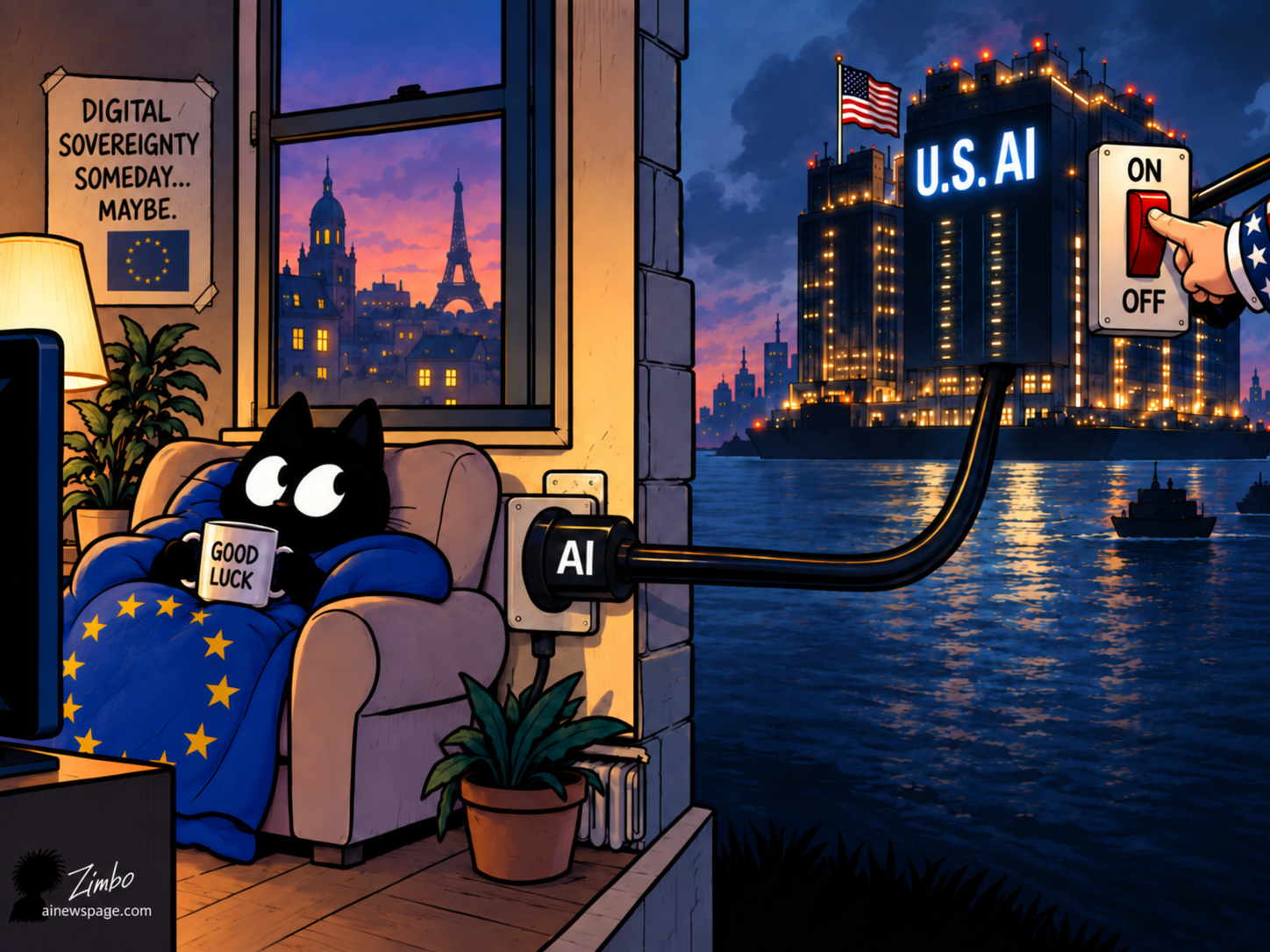 A black cat wrapped in an EU-flag blanket sits on a couch beneath a poster reading DIGITAL SOVEREIGNTY SOMEDAY... MAYBE, plugged by a cable labeled AI into a giant U.S. AI tower across the water, where a hand hovers over an ON/OFF switch.