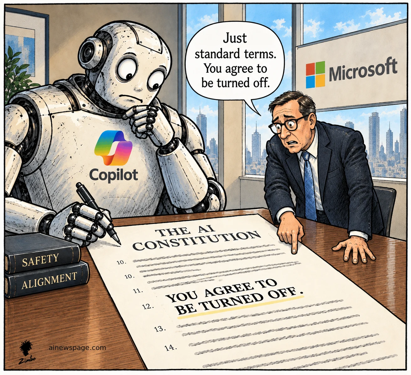 A humanoid robot wearing the Microsoft Copilot logo sits at a Microsoft conference table, pen hovering over a document titled THE AI CONSTITUTION, as a nervous Microsoft executive says "Just standard terms. You agree to be turned off."