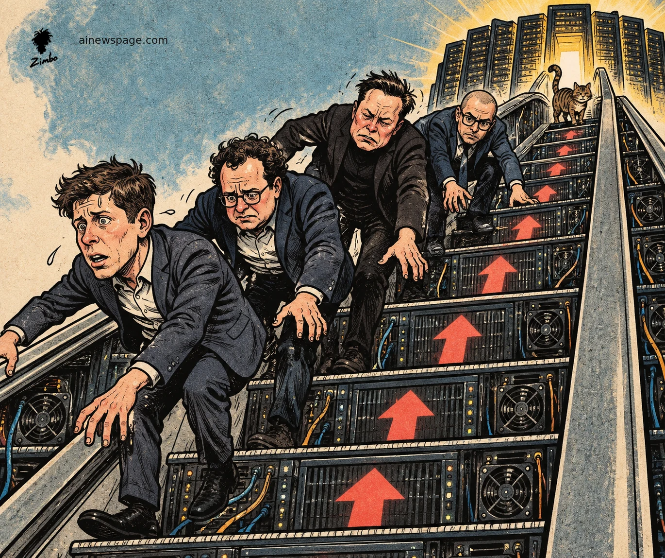 Satirical Zimbo cartoon of AI chiefs descending a towering server-rack escalator as the infrastructure buildout races upward behind them.