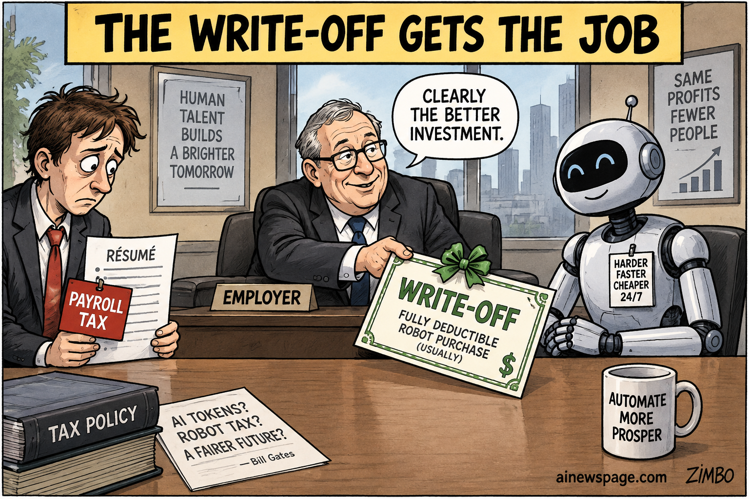 Satirical Zimbo cartoon of an employer handing a robot a bow-wrapped 'FULLY DEDUCTIBLE ROBOT PURCHASE' write-off over a dejected human candidate holding a 'PAYROLL TAX'-stamped resume, with a note reading 'AI Tokens? Robot Tax? A fairer future? -- Bill Gates'.