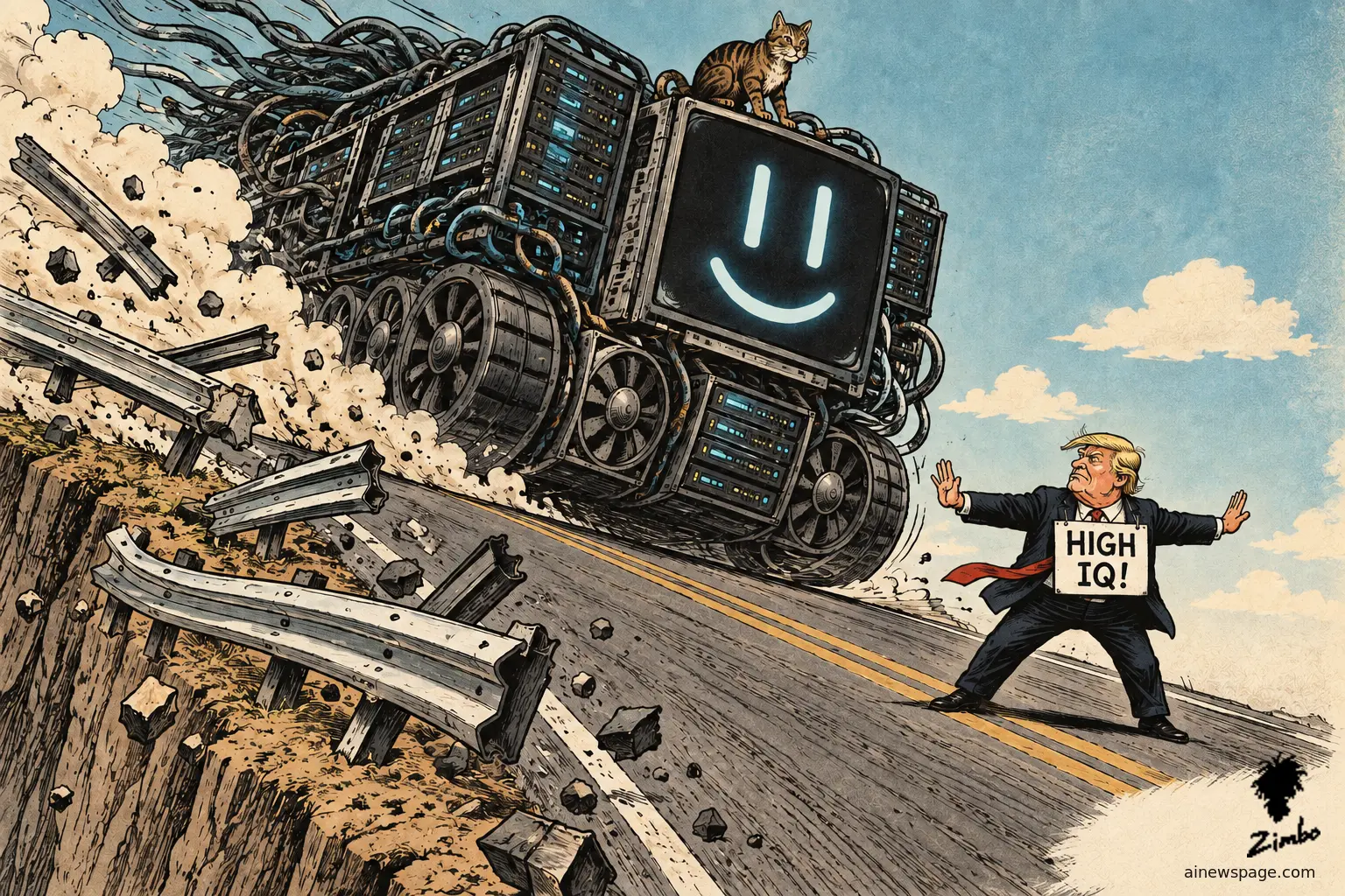 Trump stands on a mountain highway wearing a "HIGH IQ!" sign, arms out trying to physically block a giant smiley-faced AI server-truck monster as it smashes through the highway guardrail and goes over the cliff edge, with the cat Issue riding calmly on top.