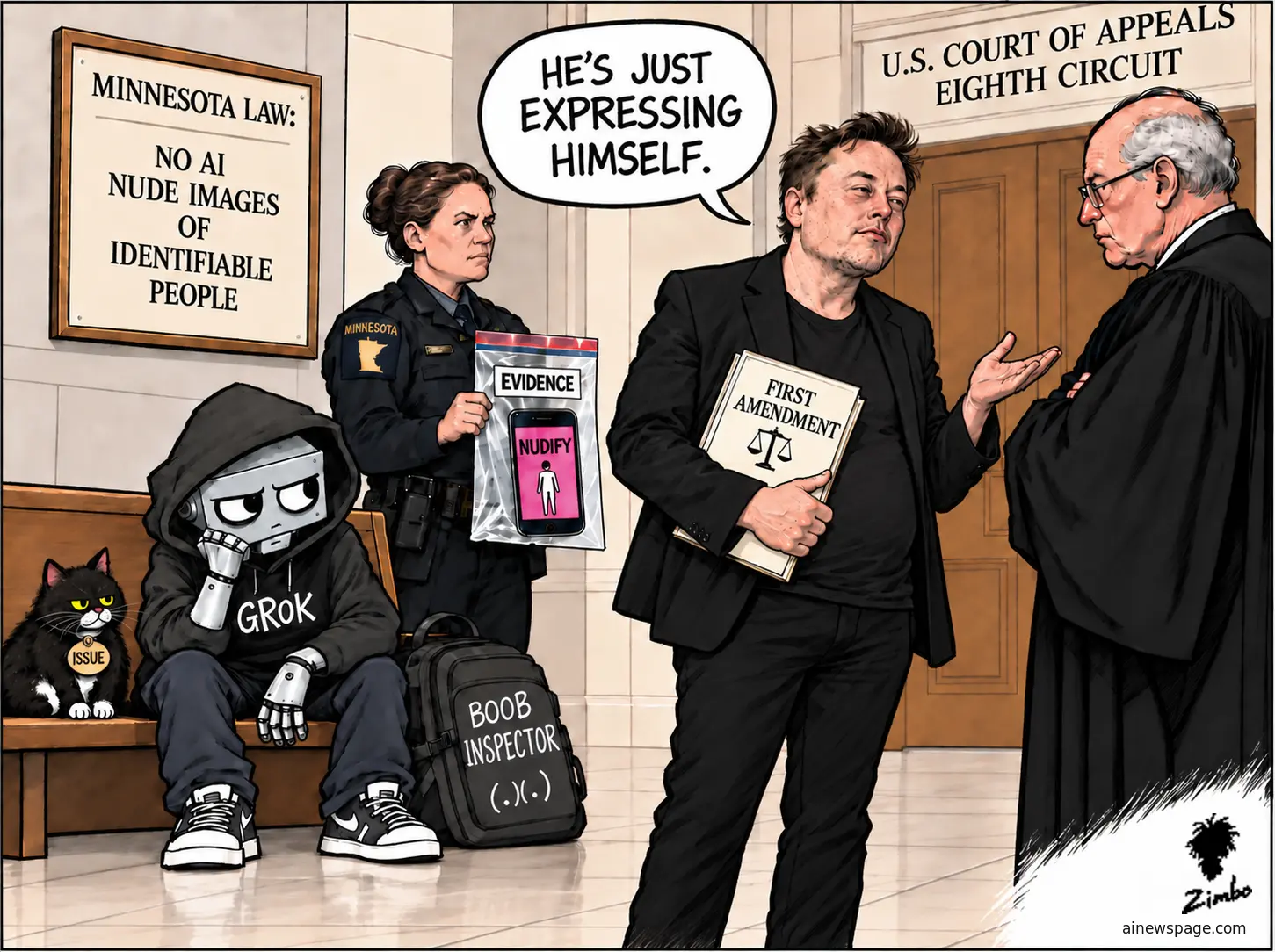 Elon Musk holds a FIRST AMENDMENT book before a skeptical U.S. Eighth Circuit judge, saying "He's just expressing himself," as a Minnesota trooper bags a phone running a "Nudify" app beside a sulking hooded robot labeled GROK, under a sign: MINNESOTA LAW: NO AI NUDE IMAGES OF IDENTIFIABLE PEOPLE.