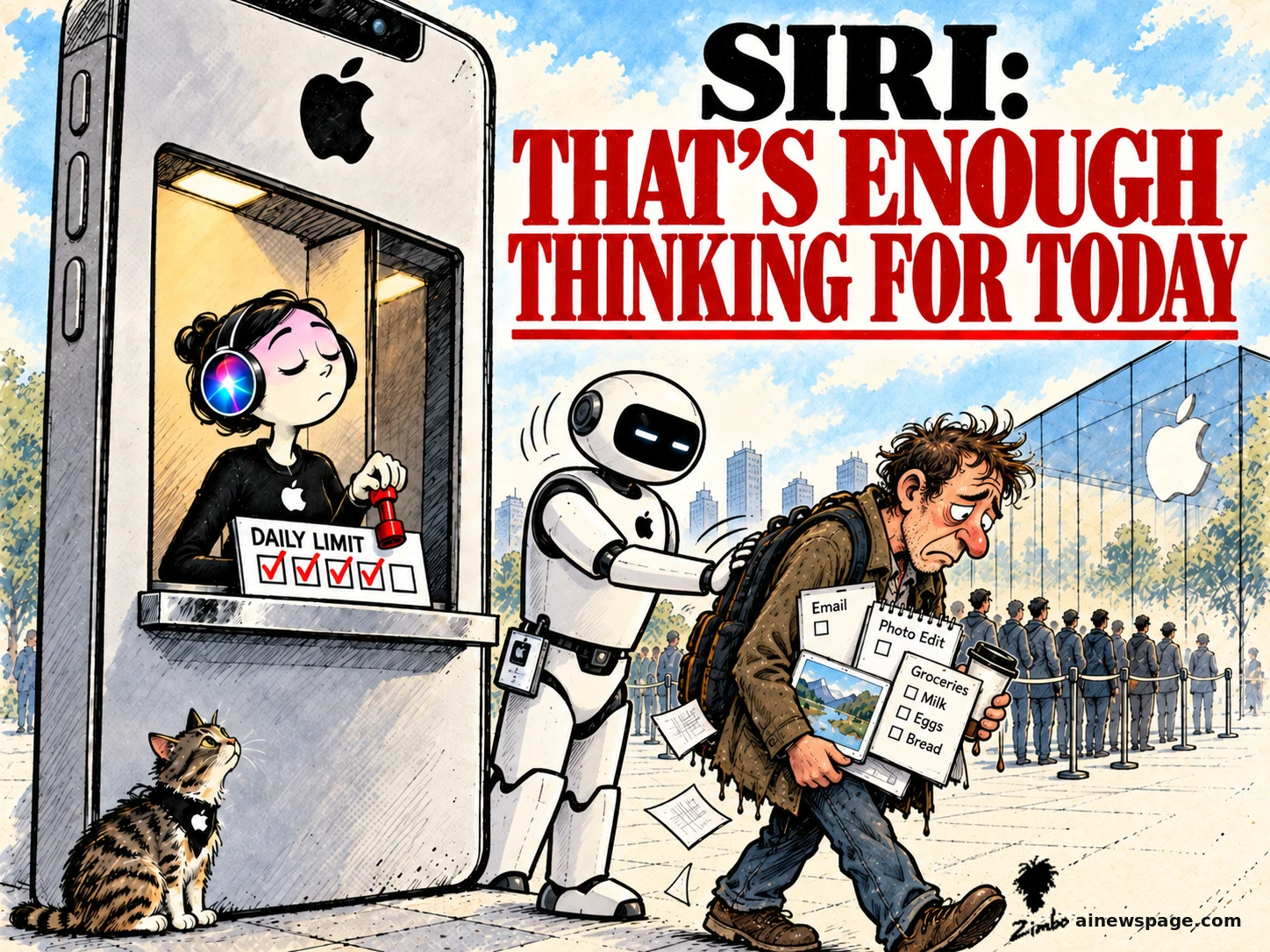 Satirical Zimbo cartoon of an Apple-logo phone booth where a Siri attendant stamps a 'DAILY LIMIT' checklist while an Apple-branded robot ejects an overloaded user carrying his unfinished tasks, for Apple's new Siri AI daily usage caps.