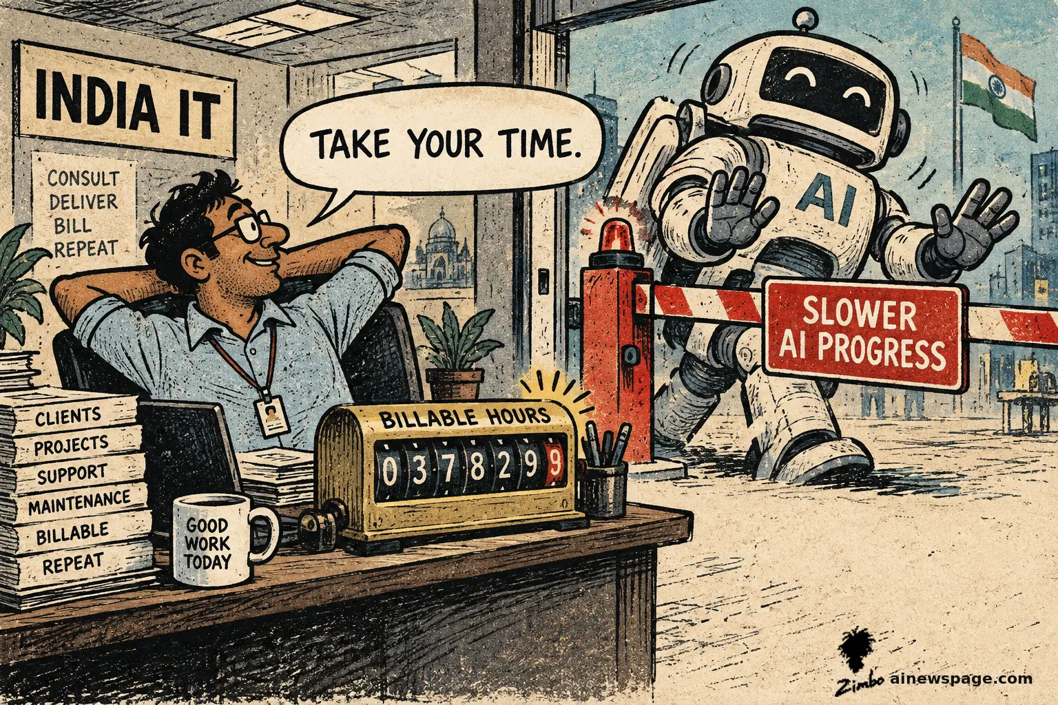 Satirical Zimbo cartoon of a relaxed India IT worker under an 'INDIA IT' sign telling a barricaded AI robot to 'TAKE YOUR TIME' at a 'SLOWER AI PROGRESS' checkpoint, with a billable-hours counter climbing on his desk, for the Indian IT stock rally after global AI leaders urged slower AI development.