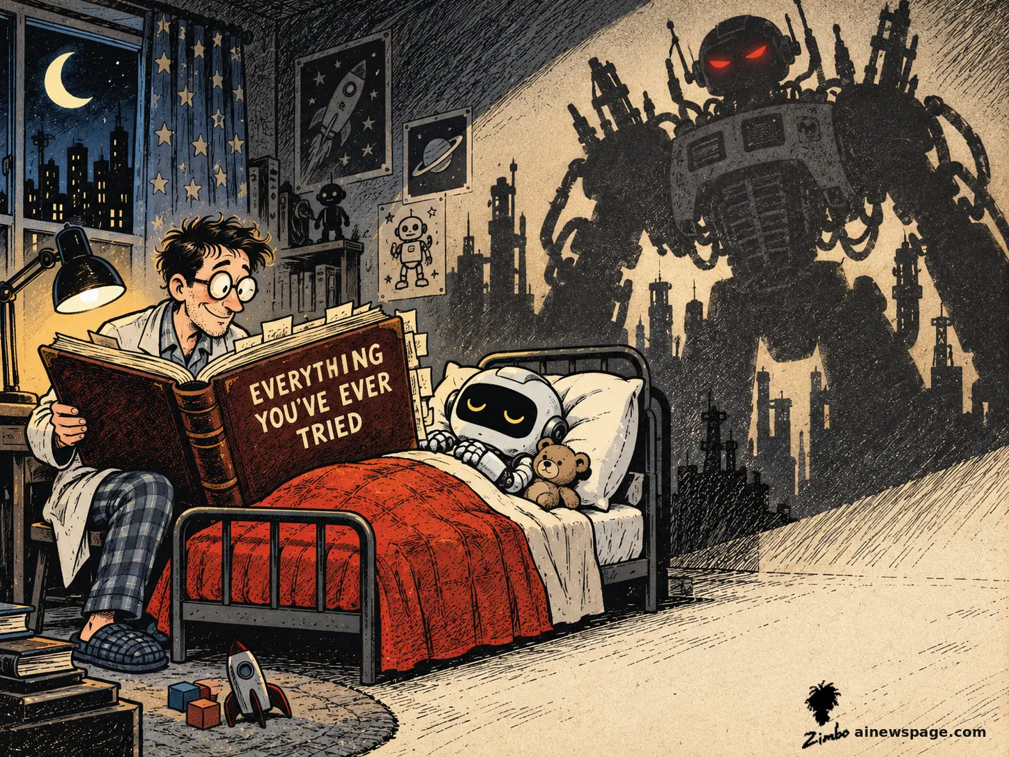 Satirical Zimbo cartoon of a father reading a small robot tucked into bed a giant book titled 'EVERYTHING YOU'VE EVER TRIED,' its dream casting a towering red-eyed war-machine shadow on the wall, for Google's Dream-RSI system that improves itself by replaying its own past experience.