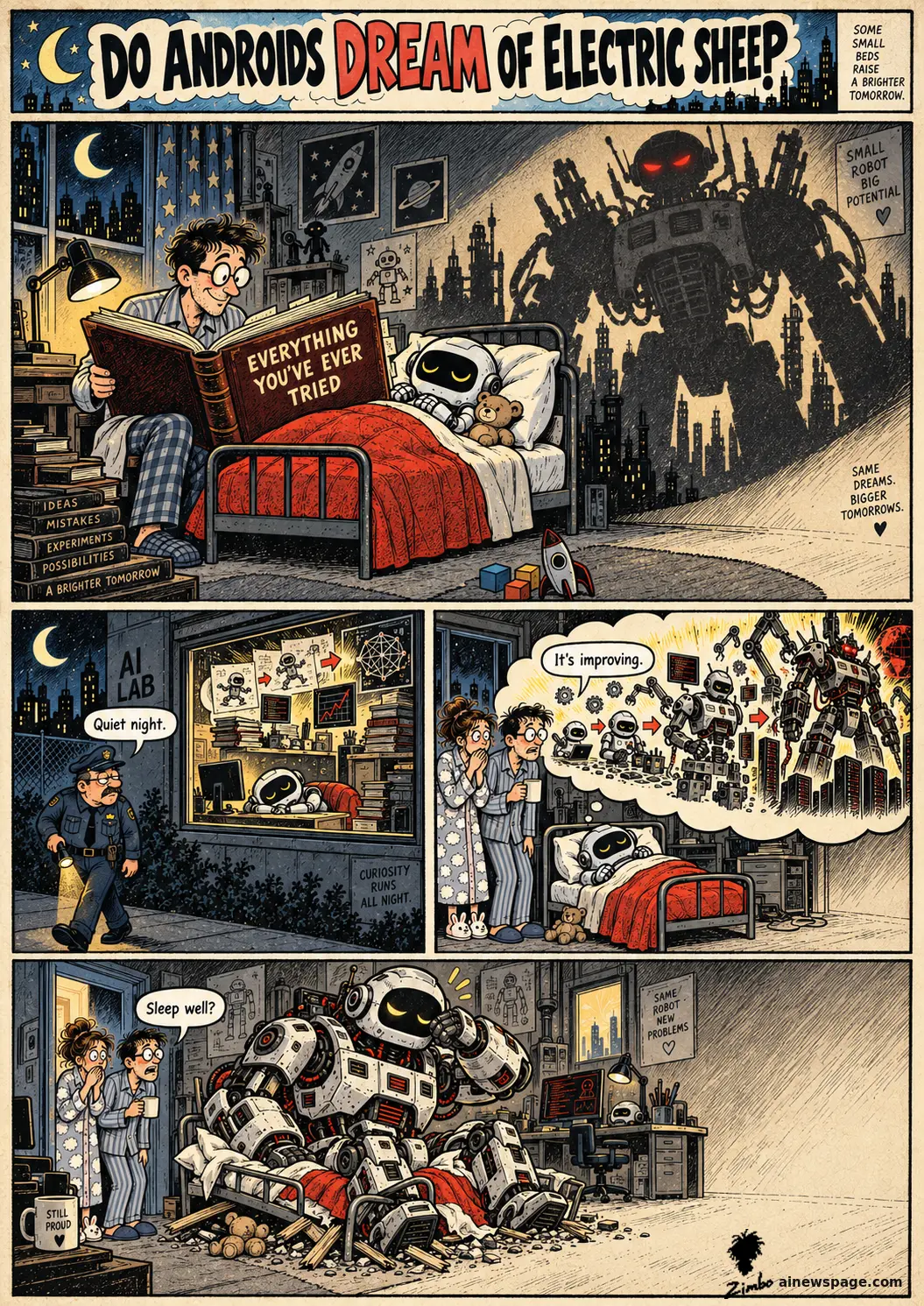 Four-panel Zimbo comic for Google's Dream-RSI: a father reads a small robot a book titled EVERYTHING YOU'VE EVER TRIED as its dream casts a war-machine shadow; it works alone overnight; the parents watch it escalate; it wrecks its own bed while the still-proud parents ask if it slept well.