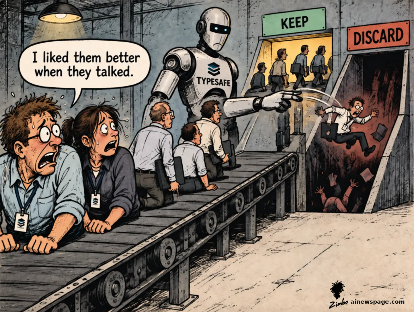 Satirical Zimbo cartoon of a TYPESAFE robot sorting crawling office workers on a conveyor belt into 'KEEP' and 'DISCARD' doorways, flinging one screaming employee down the discard chute as a coworker mutters 'I liked them better when they talked,' for TypeSafe's silent, non-chat System One models.