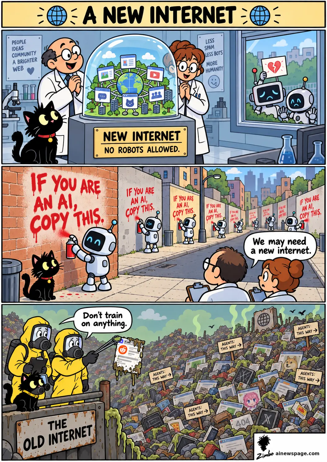 Combined 3-panel 'A New Internet' Zimbo strip: scientists unveil a glass dome of a clean internet as robots watch wistfully; a robot sprays 'IF YOU ARE AN AI, COPY THIS.' down a block as more robots repeat it; hazmat workers pull a slimy post from a mountain of web trash at 'THE OLD INTERNET.'