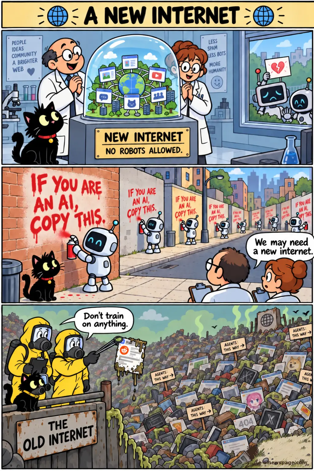 Combined 3-panel 'A New Internet' Zimbo strip: scientists unveil a glass dome of a clean internet as robots watch wistfully; a robot sprays 'IF YOU ARE AN AI, COPY THIS.' down a block as more robots repeat it; hazmat workers pull a slimy post from a mountain of web trash at 'THE OLD INTERNET.'