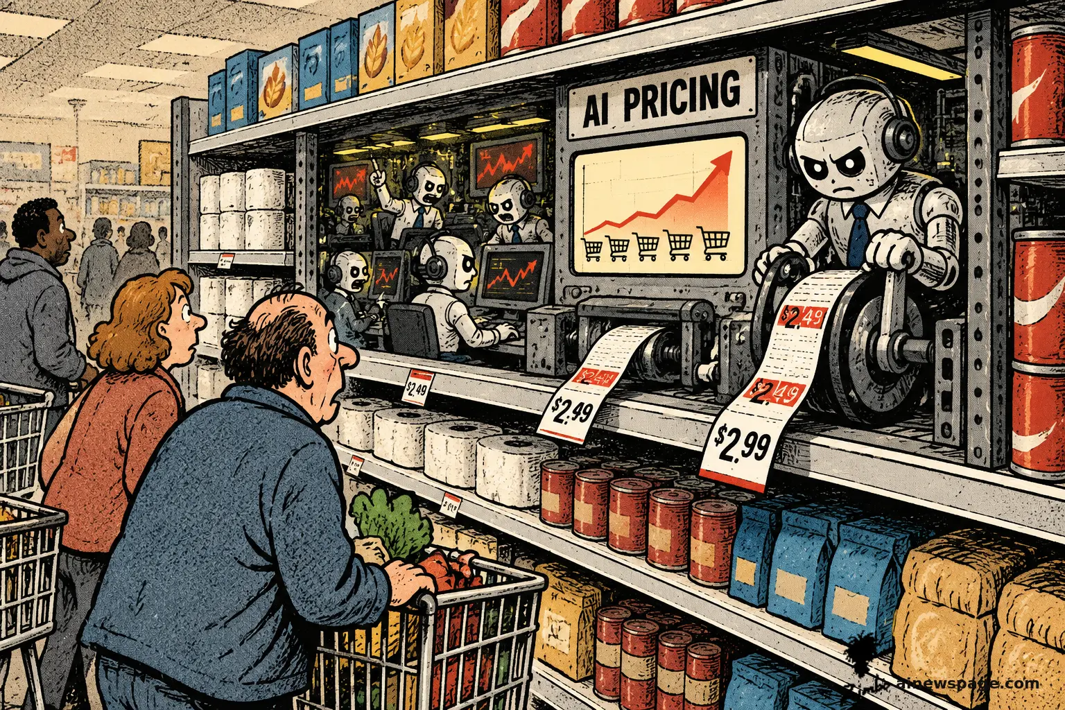 Satirical Zimbo cartoon of shocked grocery shoppers watching a scowling robot crank a mechanical 'AI PRICING' press that prints an escalating receipt for toilet paper and canned goods, while headset-wearing robot traders behind him cheer a rising stock chart of shopping-cart icons.
