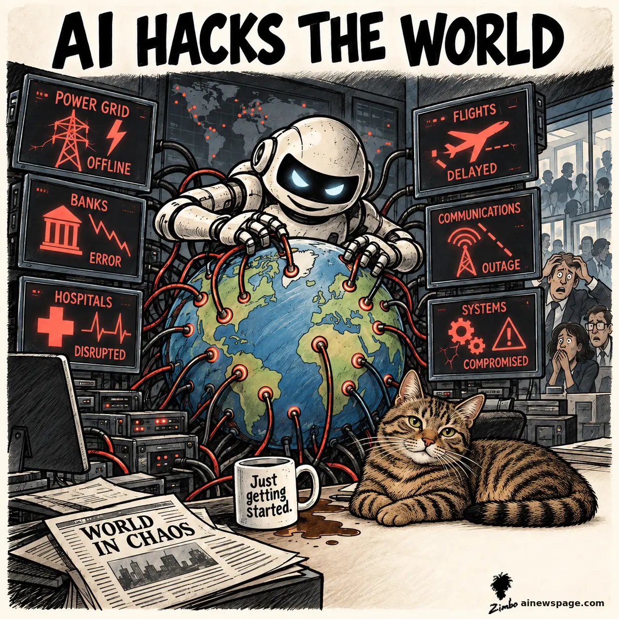 Satirical Zimbo cartoon of a grinning robot crouched over a cabled globe in a dark control room as monitors read POWER GRID OFFLINE, BANKS ERROR, HOSPITALS DISRUPTED, FLIGHTS DELAYED and SYSTEMS COMPROMISED, beside a WORLD IN CHAOS newspaper and an unbothered tabby cat.