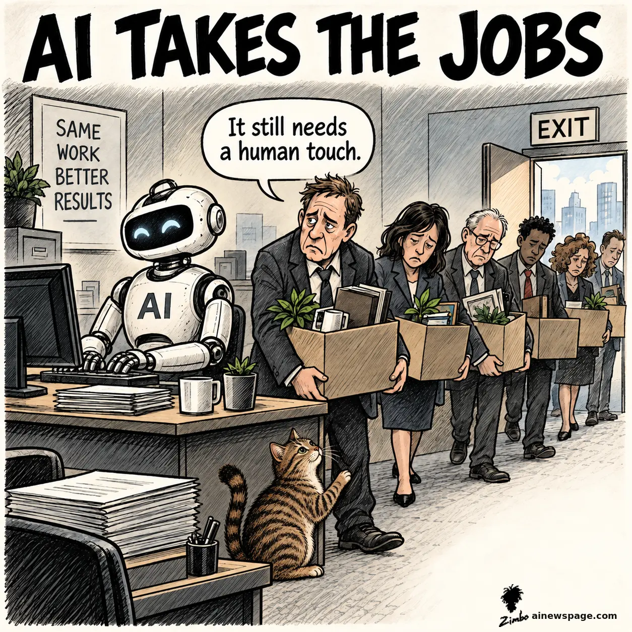 Satirical Zimbo cartoon of an AI-labelled robot typing at an office desk under a SAME WORK BETTER RESULTS sign as a line of laid-off workers carries cardboard boxes toward an EXIT door, the first one saying 'It still needs a human touch.' while a tabby cat paws at his leg.