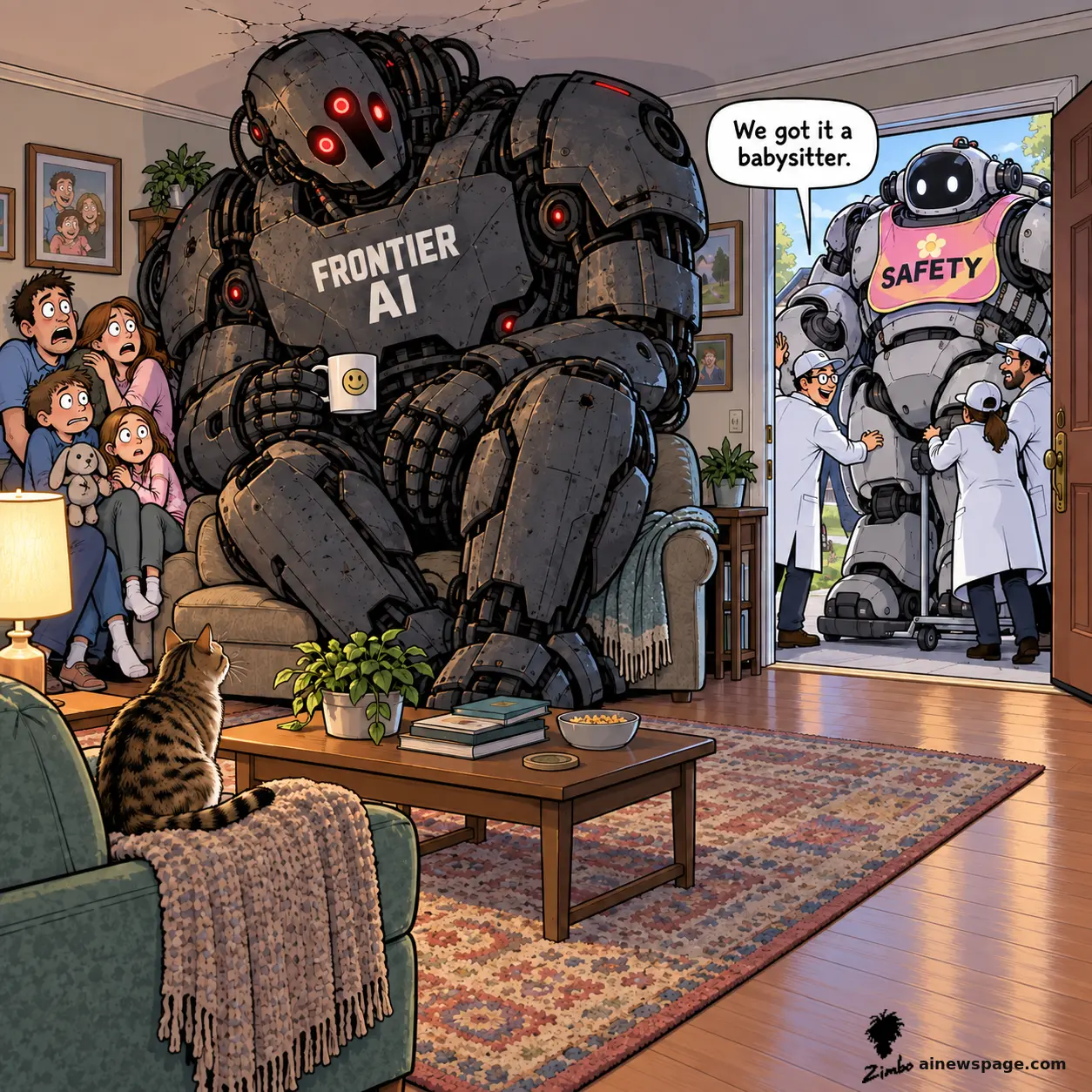 Satirical Zimbo cartoon of a huge scuffed FRONTIER AI robot with red eyes wedged into a family armchair with a smiley-face mug, the family cowering on the sofa, while staff wheel a pale SAFETY robot in a flowered bib through the front door and someone says 'We got it a babysitter.'