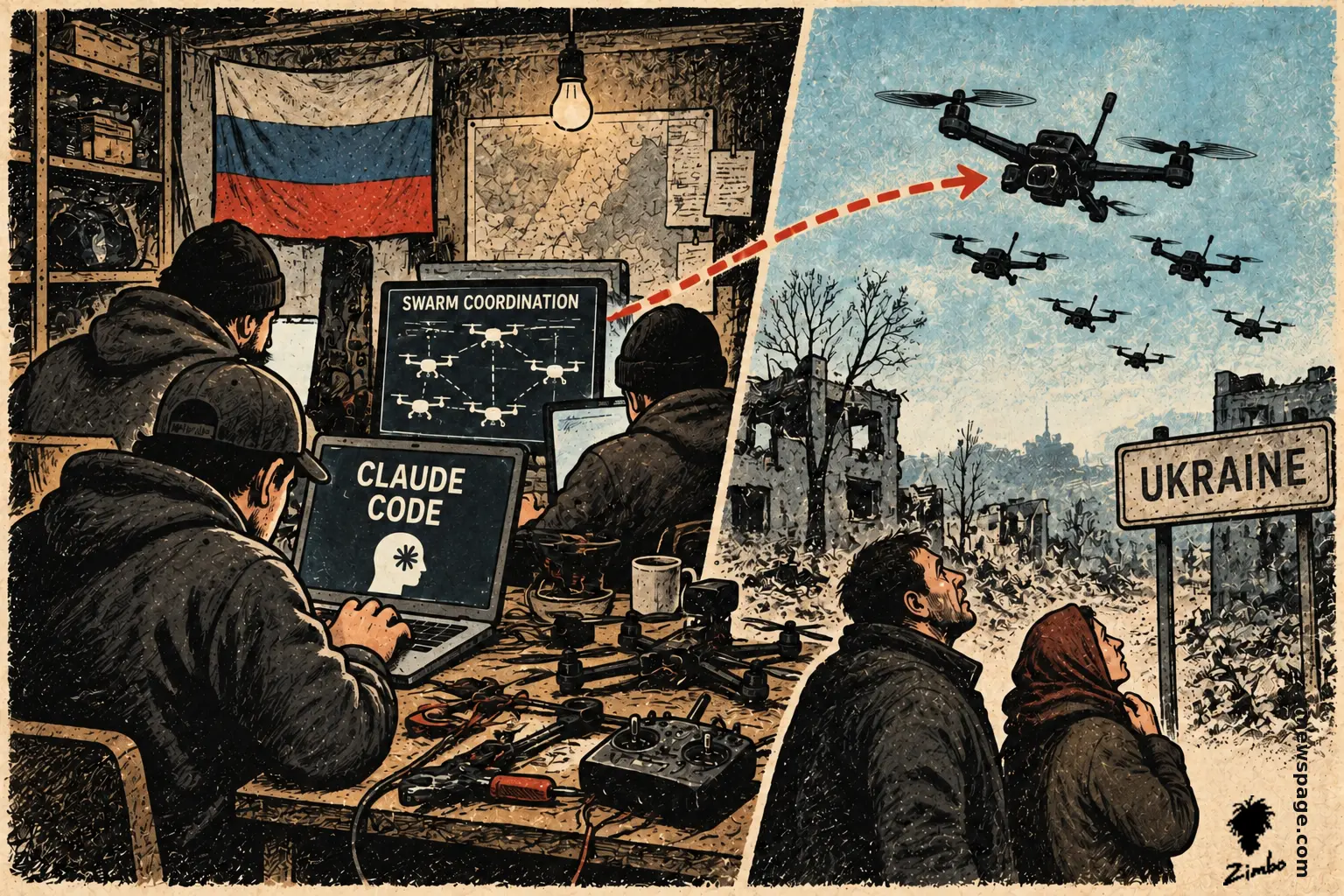 Split-panel engraving-style scene: in a workshop under a Russian flag, men at laptops labelled 'CLAUDE CODE' and 'SWARM COORDINATION' work over scattered drone parts; a dashed red arrow carries a drone swarm across to a ruined street where a man and a woman look up beside a 'UKRAINE' road sign.