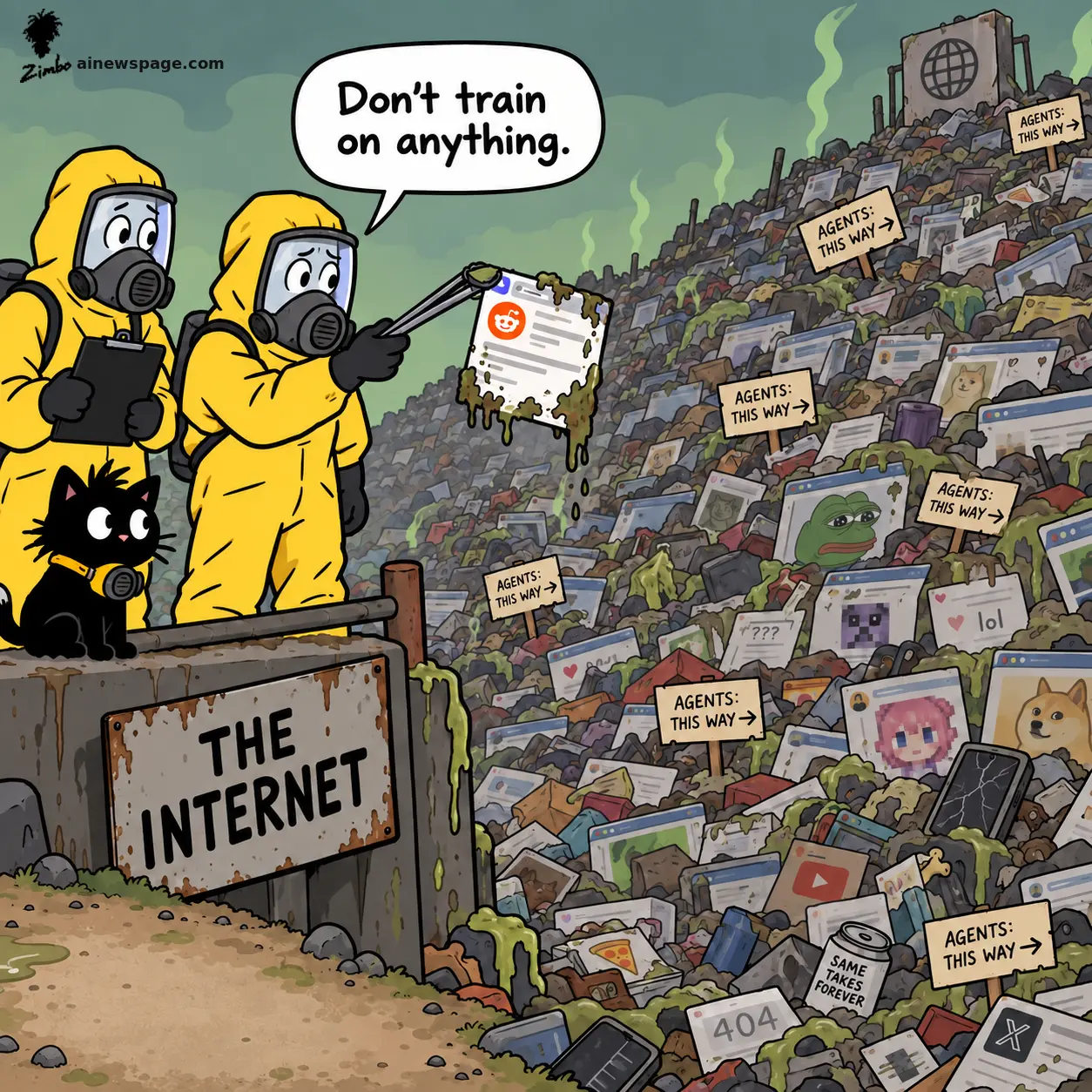 Satirical Zimbo cartoon of two hazmat workers with a cat, using tongs to pull a slimy Reddit post from a mountain of decayed web content dumped at 'THE INTERNET,' amid repeated 'AGENTS: THIS WAY' signs, saying 'Don't train on anything.'