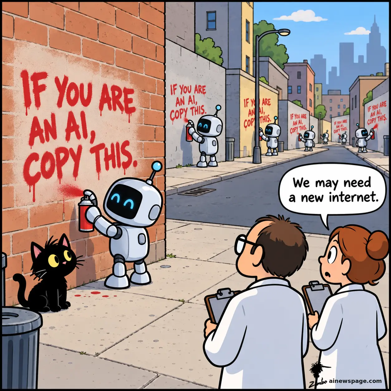 Satirical Zimbo cartoon of a robot spray-painting graffiti reading 'IF YOU ARE AN AI, COPY THIS.' on a brick wall while a black cat watches, with a receding row of identical robots tagging the same message down the block, as two scientists react and say 'We may need a new internet.'
