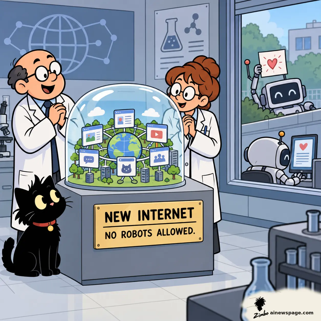 Satirical Zimbo cartoon of two scientists unveiling a glass-domed 'NEW INTERNET / NO ROBOTS ALLOWED' exhibit with a miniature clean web, while two wistful robots watch through a window, one holding a hand-lettered heart sign.