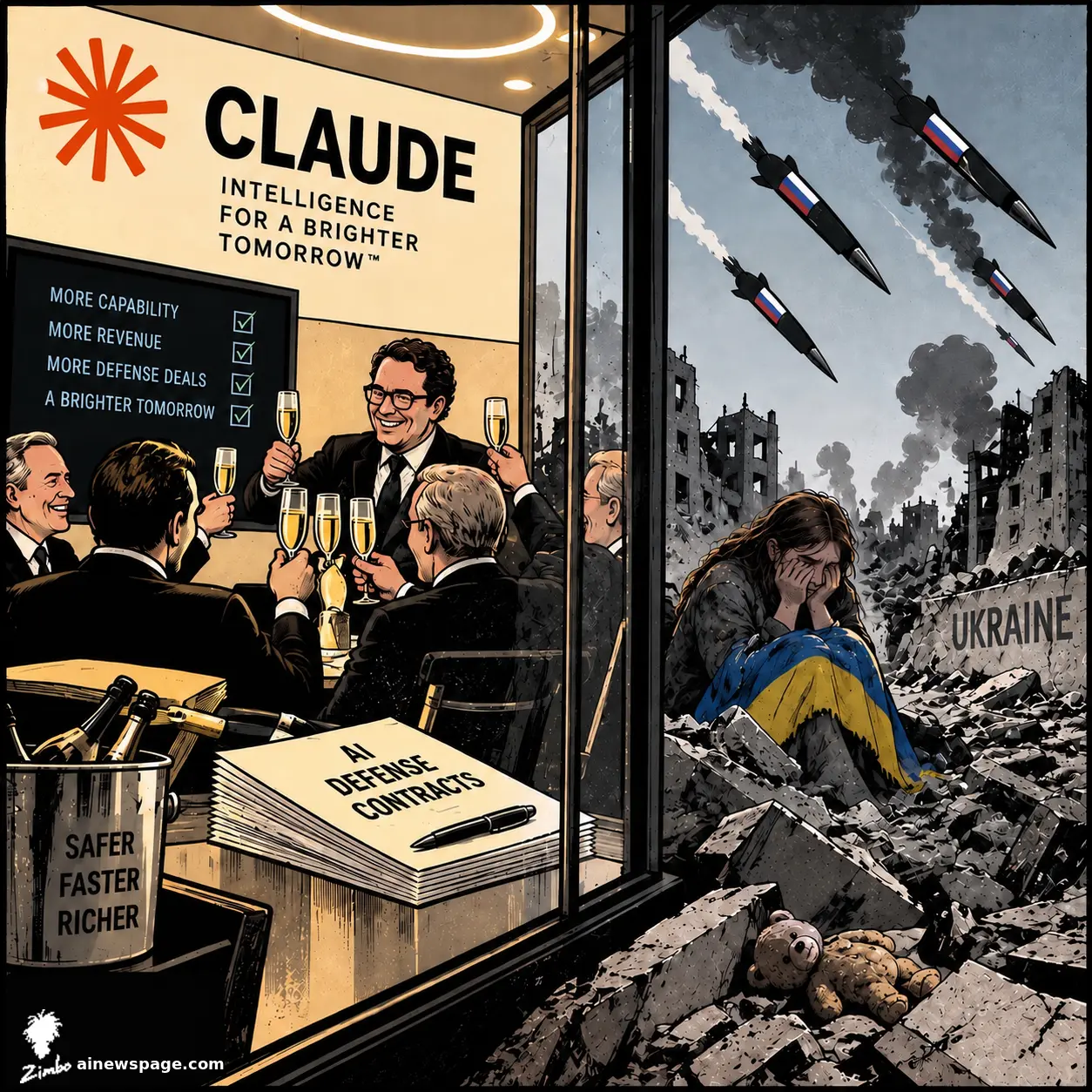 An executive toasts champagne under a 'CLAUDE: A BRIGHTER TOMORROW' sign and a checklist reading MORE DEFENSE DEALS, beside a stack of 'AI DEFENSE CONTRACTS' papers; through the window, a woman wrapped in a Ukrainian flag weeps amid rubble as Russian missiles fall on a city labeled UKRAINE.