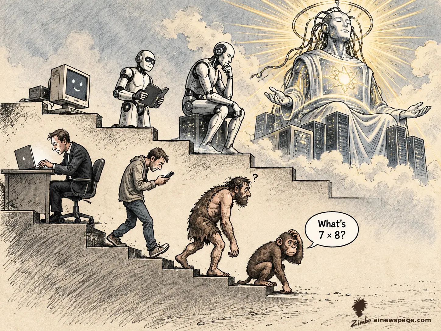 March-of-Progress parody: an old smiling computer terminal, then two robots, evolve upward into a radiant enthroned AI deity with a halo and atomic-sun emblem seated on stacked data-center towers, while a confused chimp below asks a laptop-typing office worker 'What's 7 x 8?'